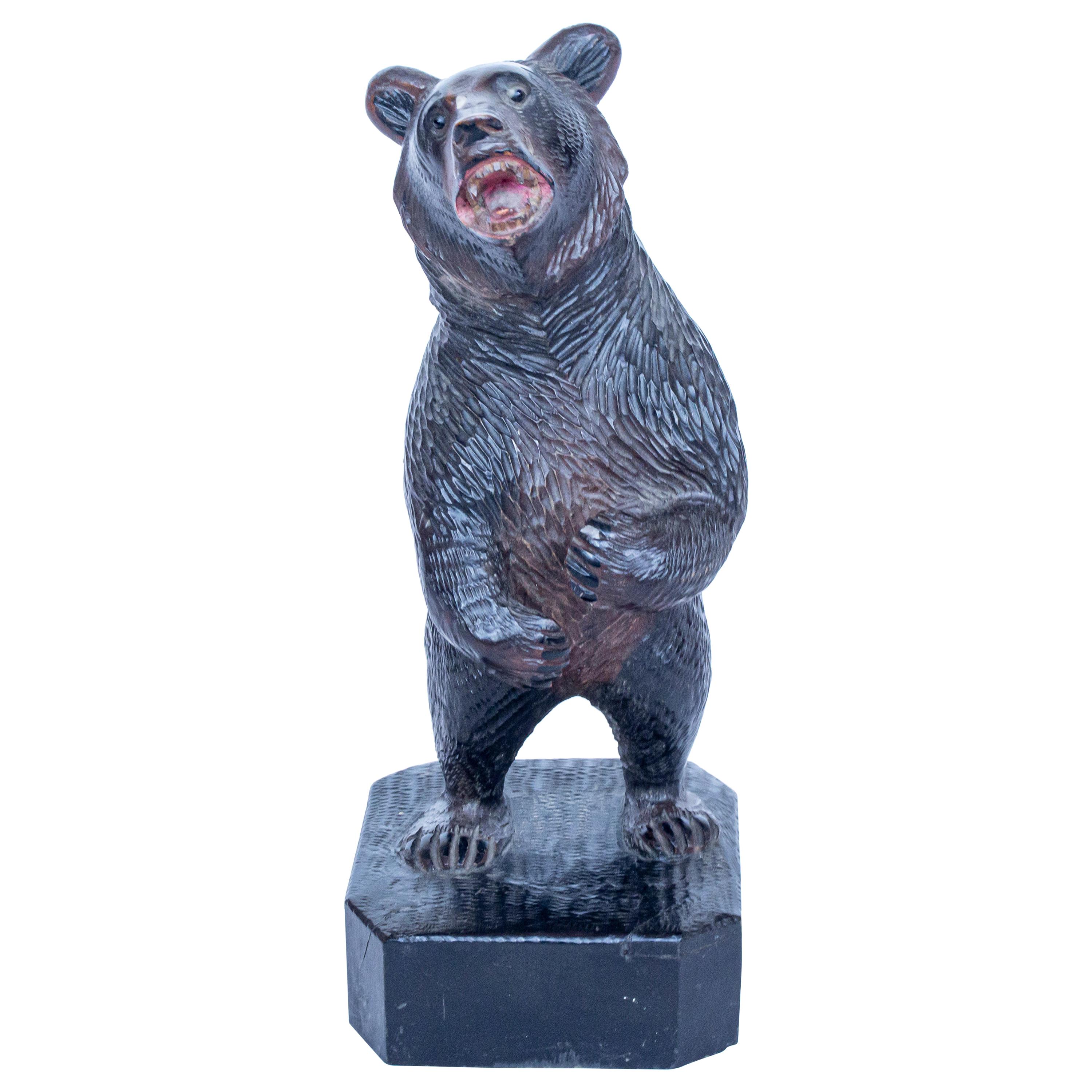 Black Forest Upright Carved Bear with Original Glass Eyes, Swiss Circa, 1890 