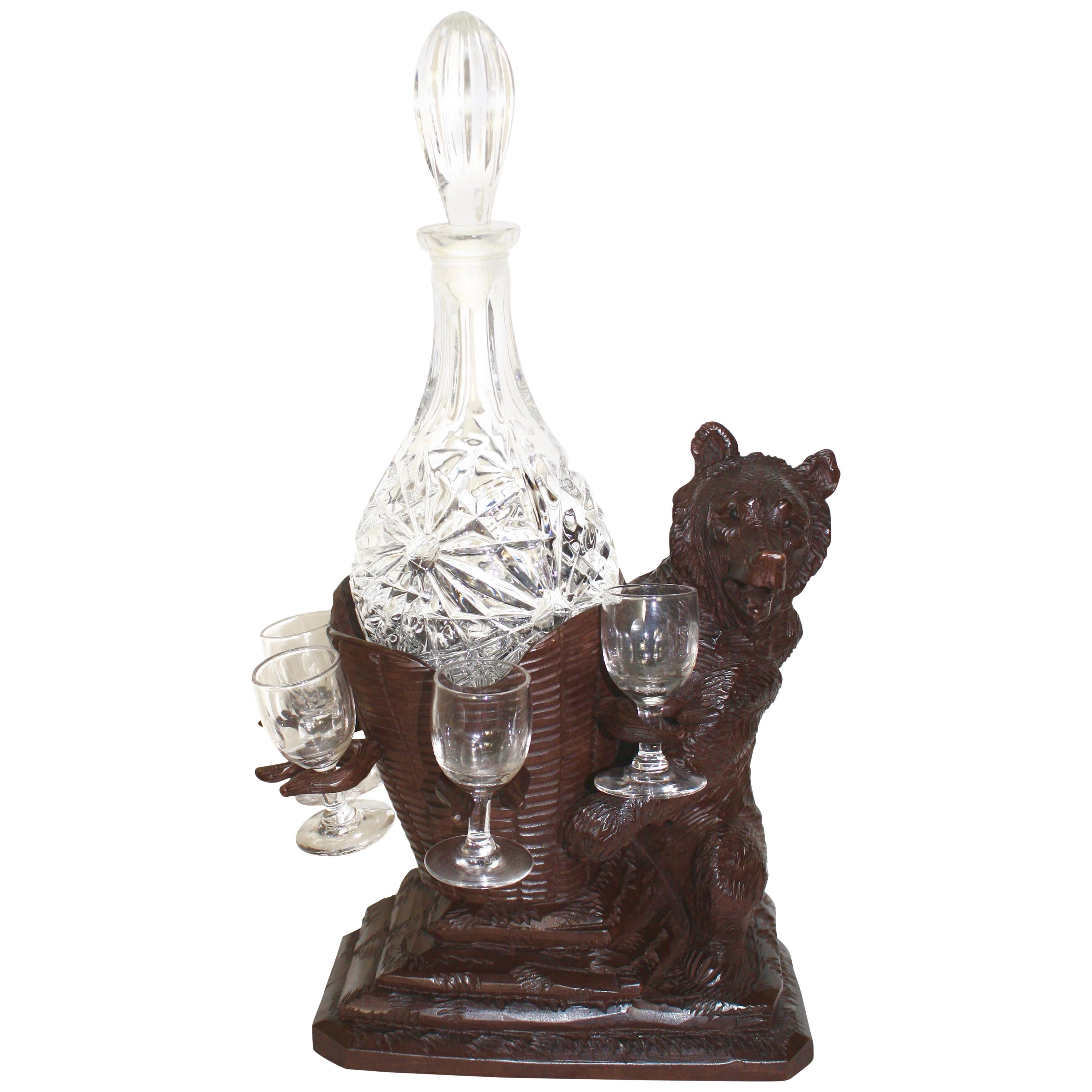Black Forest Carved Bear Liquor Tantalus Stand and Wine Decanter Set, circa 1895