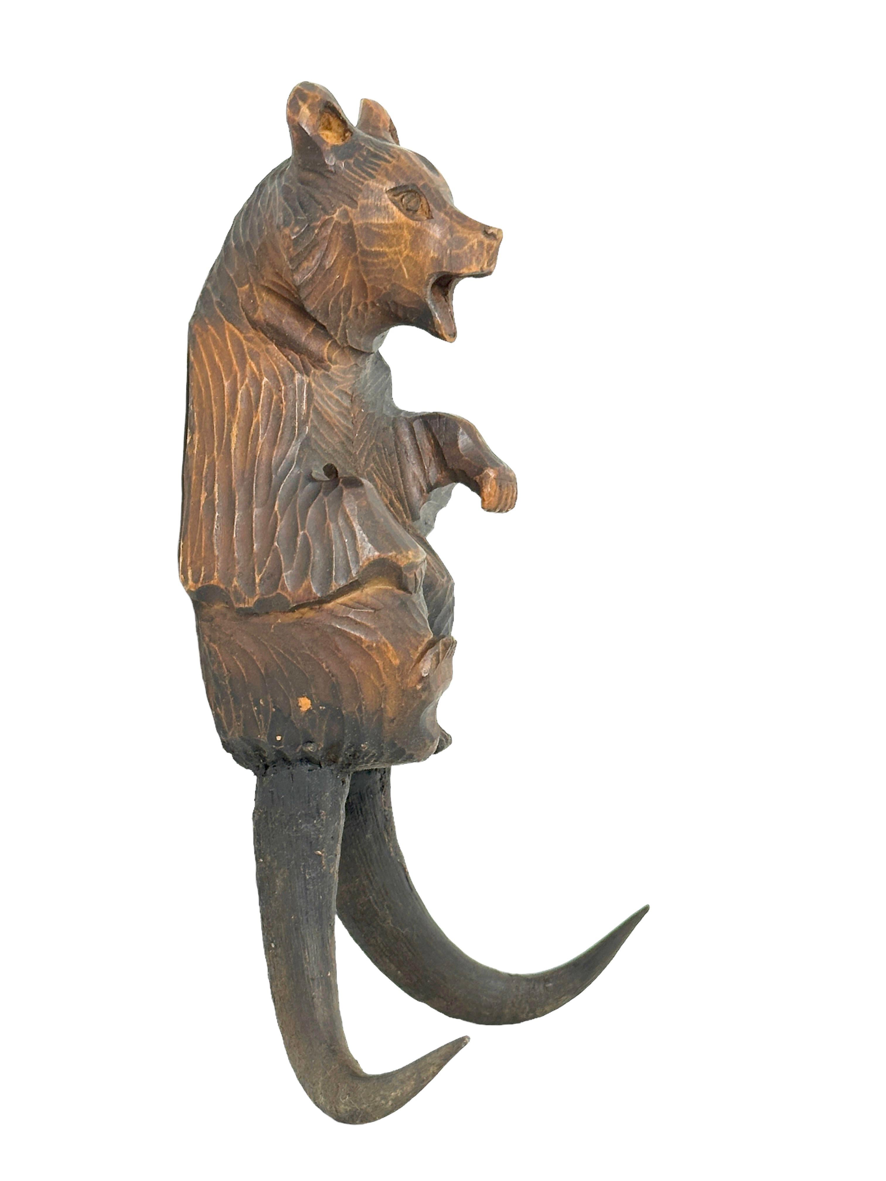 Late 19th Century Black Forest Carved Bear Whip Holder or Wall Hook, Antique German 1890s For Sale
