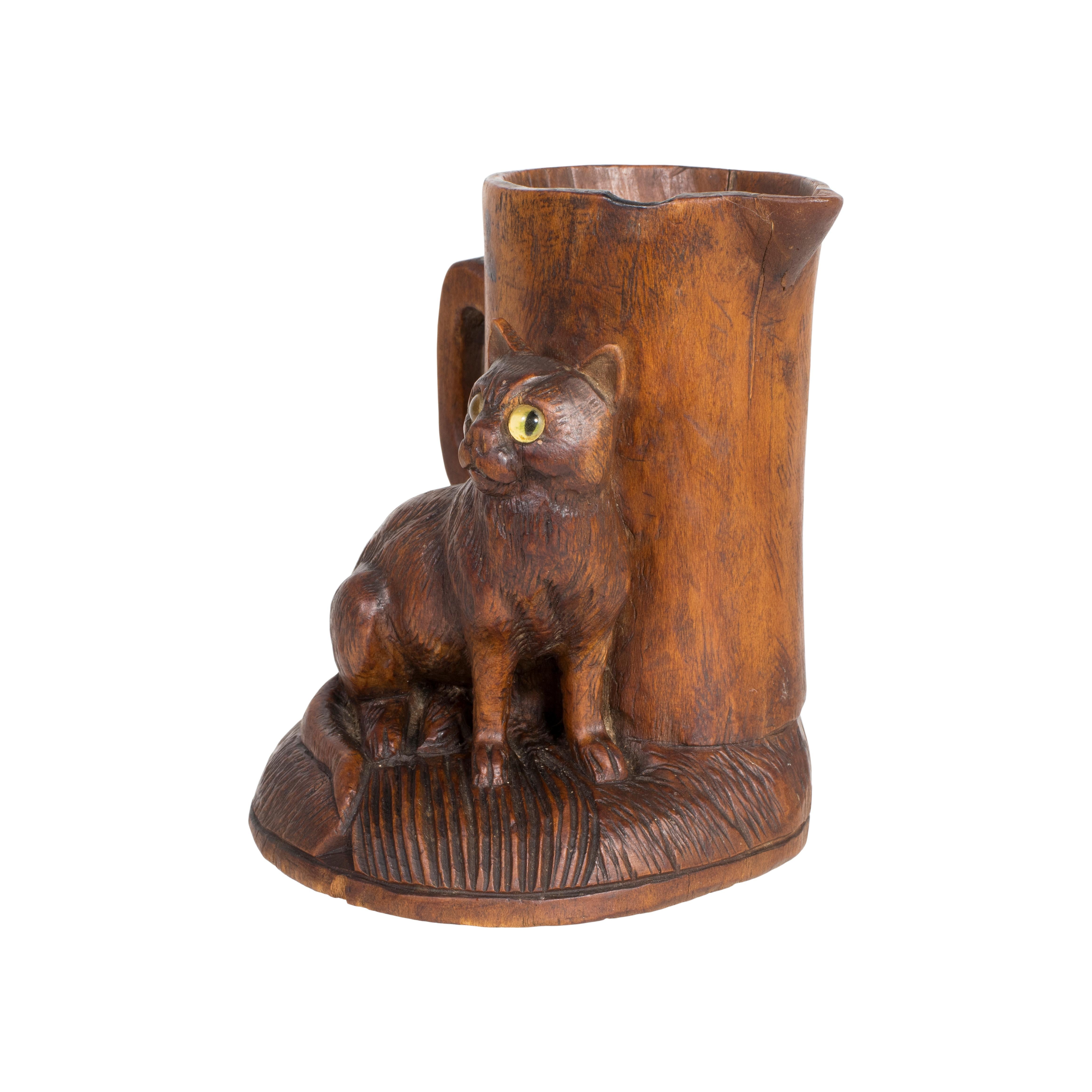 Swiss Black Forest Carved Cat Match Holder For Sale