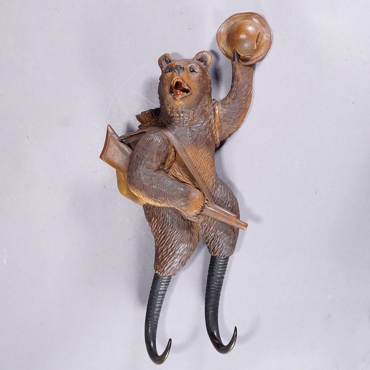 Swiss Black Forest Carved Coat Hook with Bear Poacher ca. 1900s