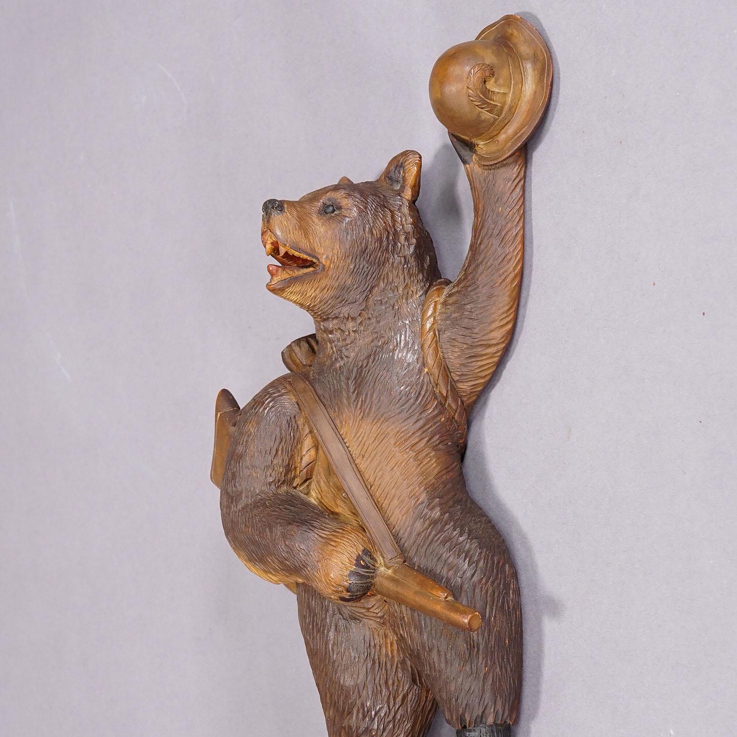 Wood Black Forest Carved Coat Hook with Bear Poacher ca. 1900s