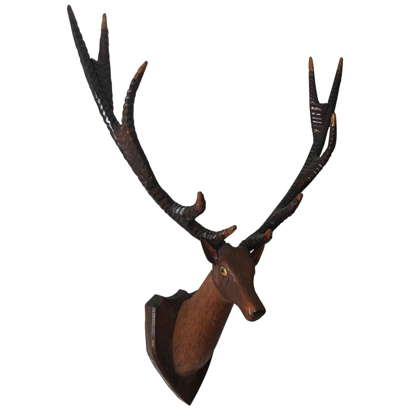Black Forest Carved Deer or Stag Head and Antlers on Plaque, Germany, 1900
