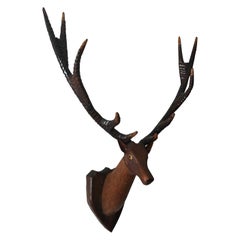 Black Forest Carved Deer or Stag Head and Antlers on Plaque, Germany, 1900