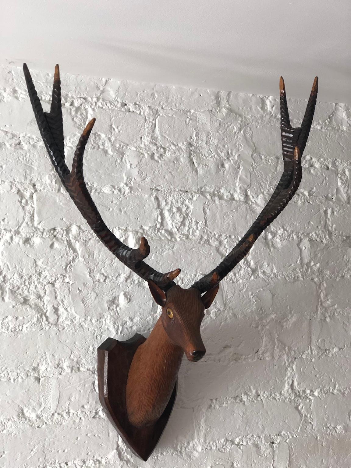 Black Forest Carved Deer or Stag Head and Antlers on Plaque, Germany, 1900 In Good Condition In Richmond, Surrey