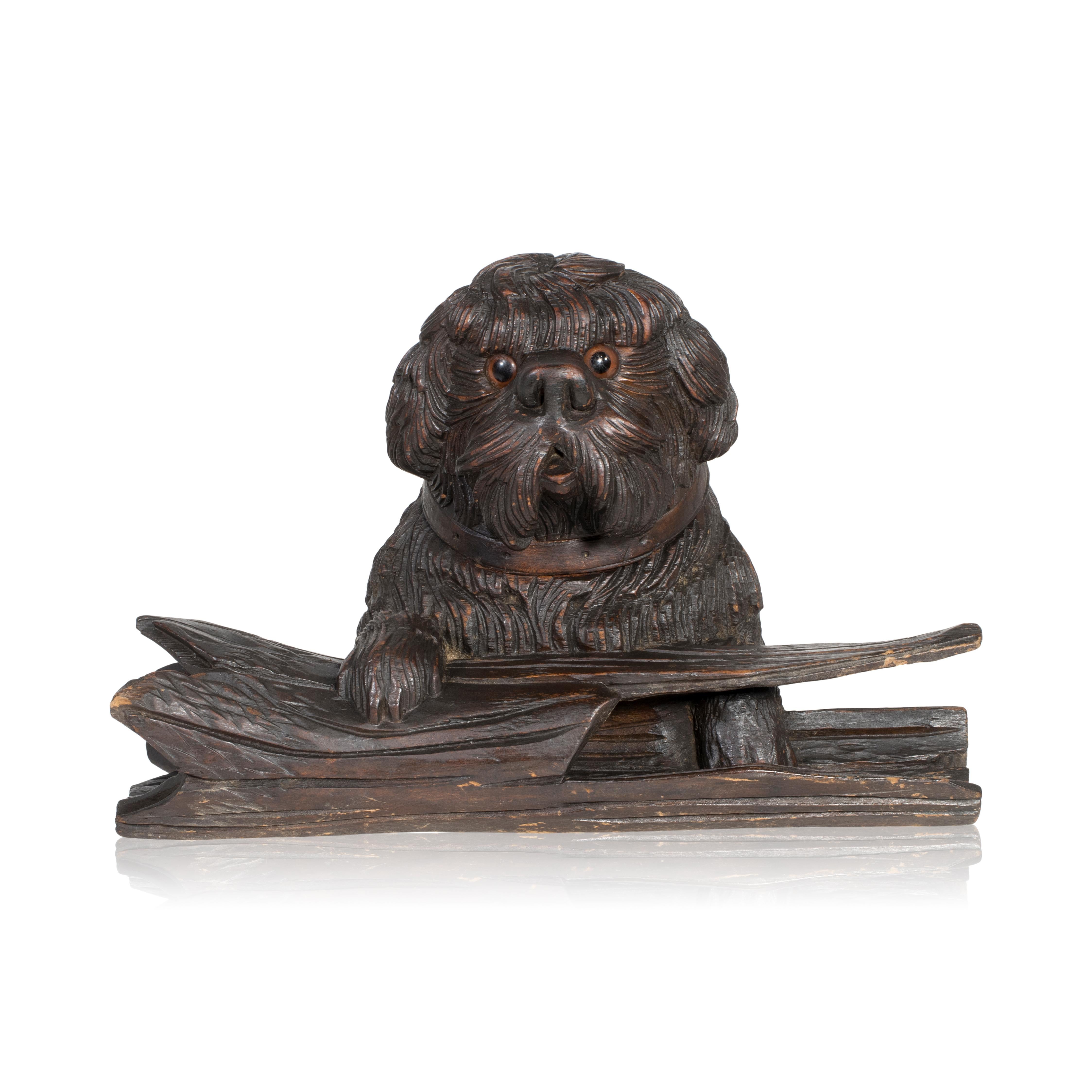 19th Century Black Forest Carved Dog Inkwell For Sale