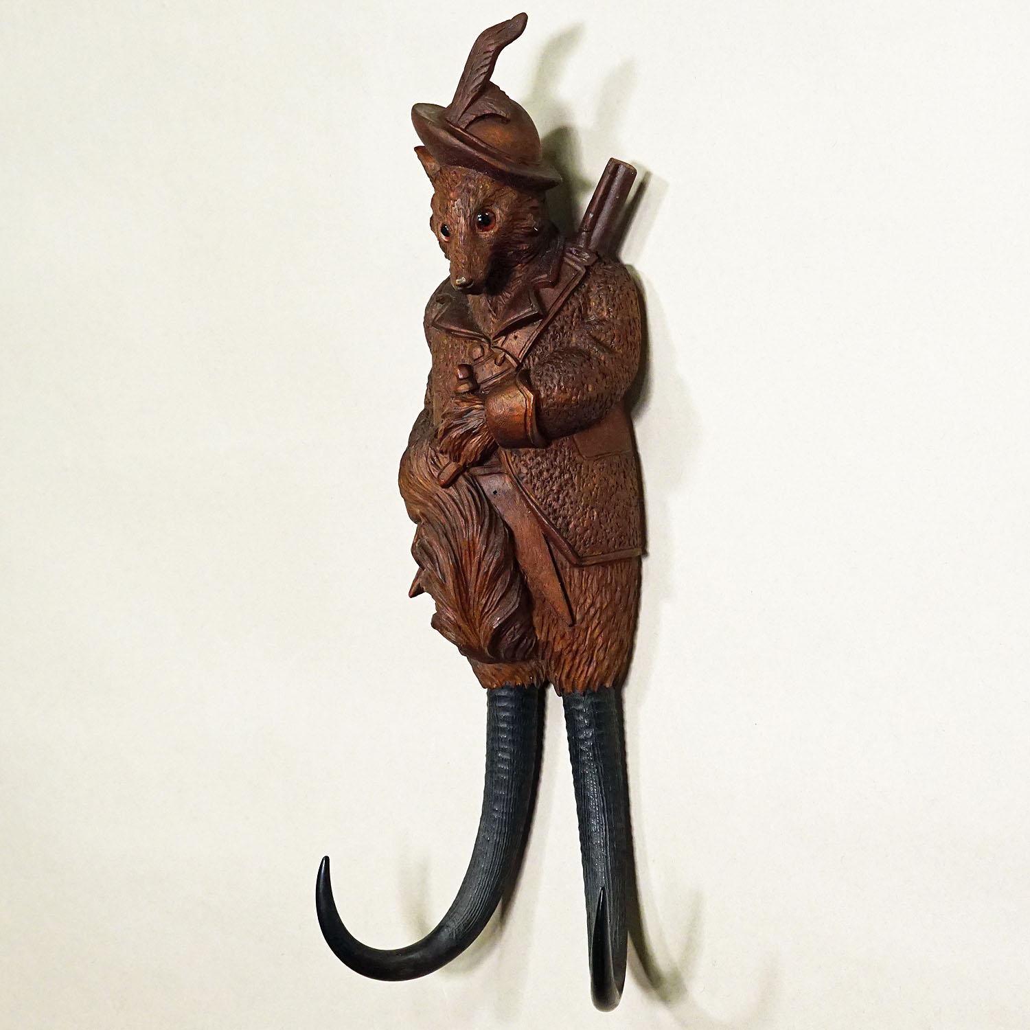 Swiss Black Forest Carved Fox Whip Holder or Wall Hook ca. 1900s For Sale