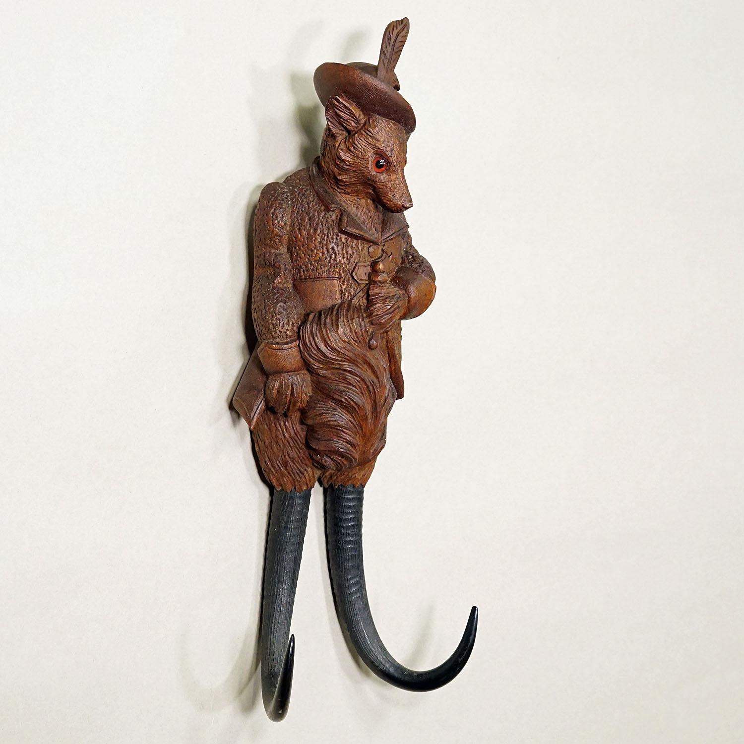 Wood Black Forest Carved Fox Whip Holder or Wall Hook ca. 1900s