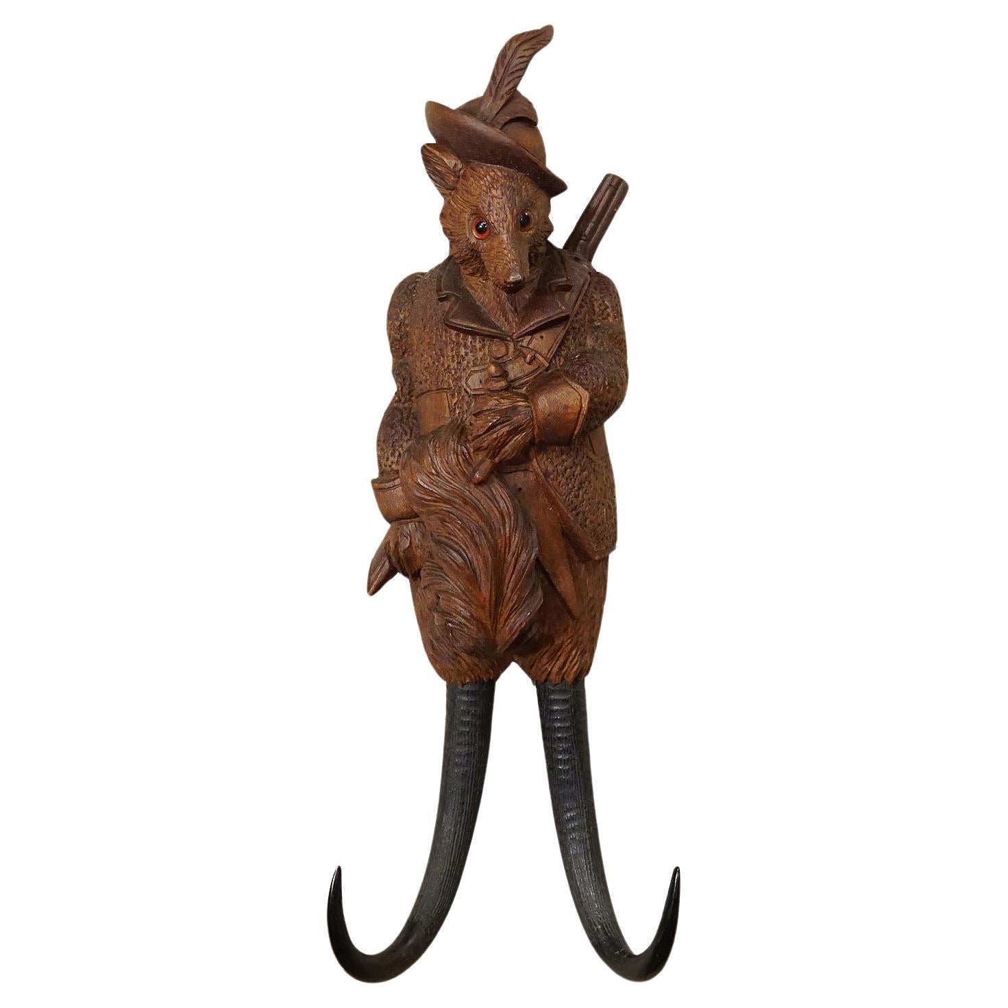 Black Forest Carved Fox Whip Holder or Wall Hook ca. 1900s For Sale