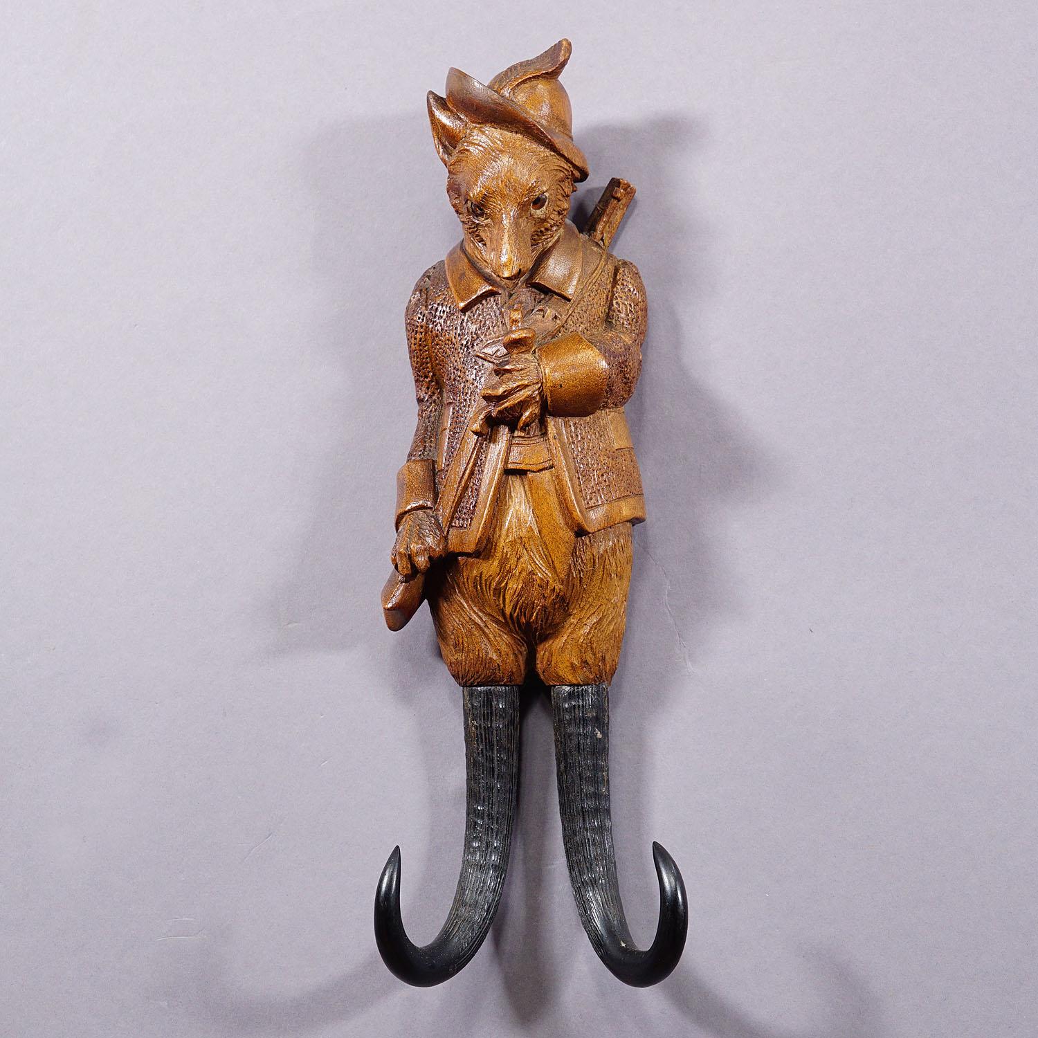 Swiss Black Forest Carved Fox Whip Holder or Wall Hook For Sale