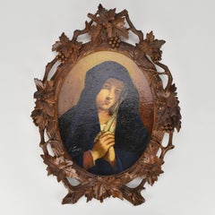 Black Forest Carved Frame with Painting of the Holy Mother by Xavier Sager