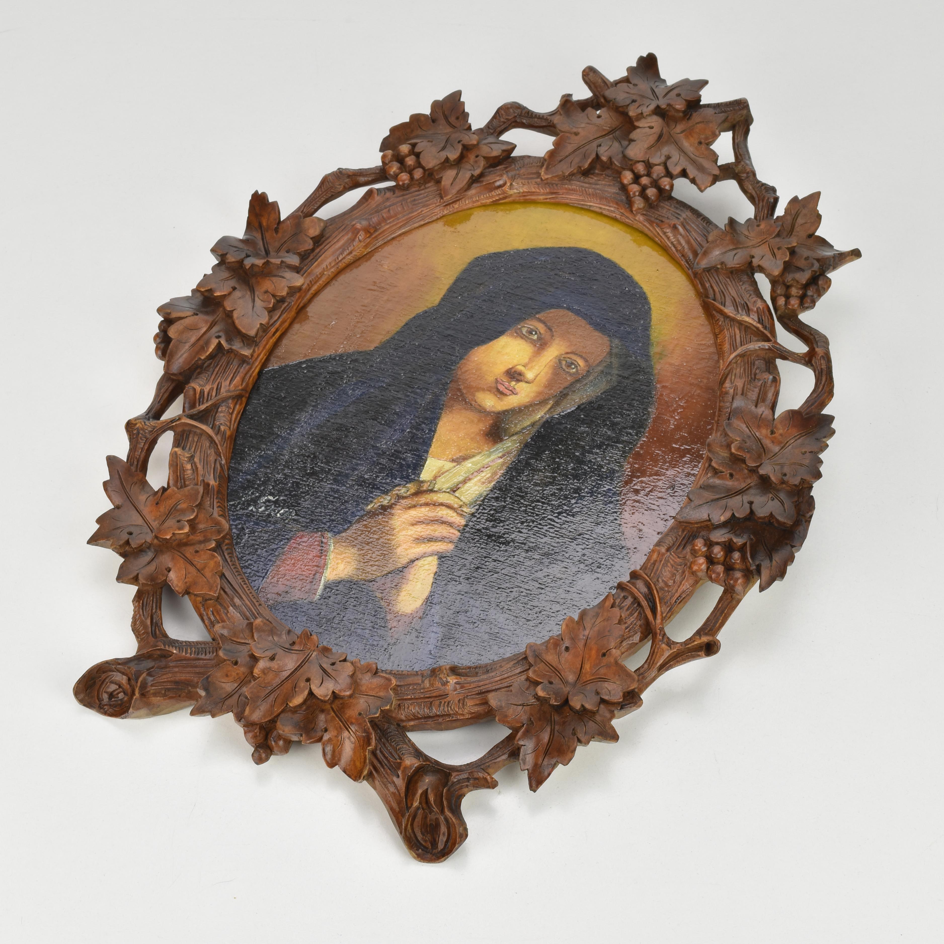 Français Black Forest Carved Frame with Painting of the Holy Mother by Xavier Sager en vente
