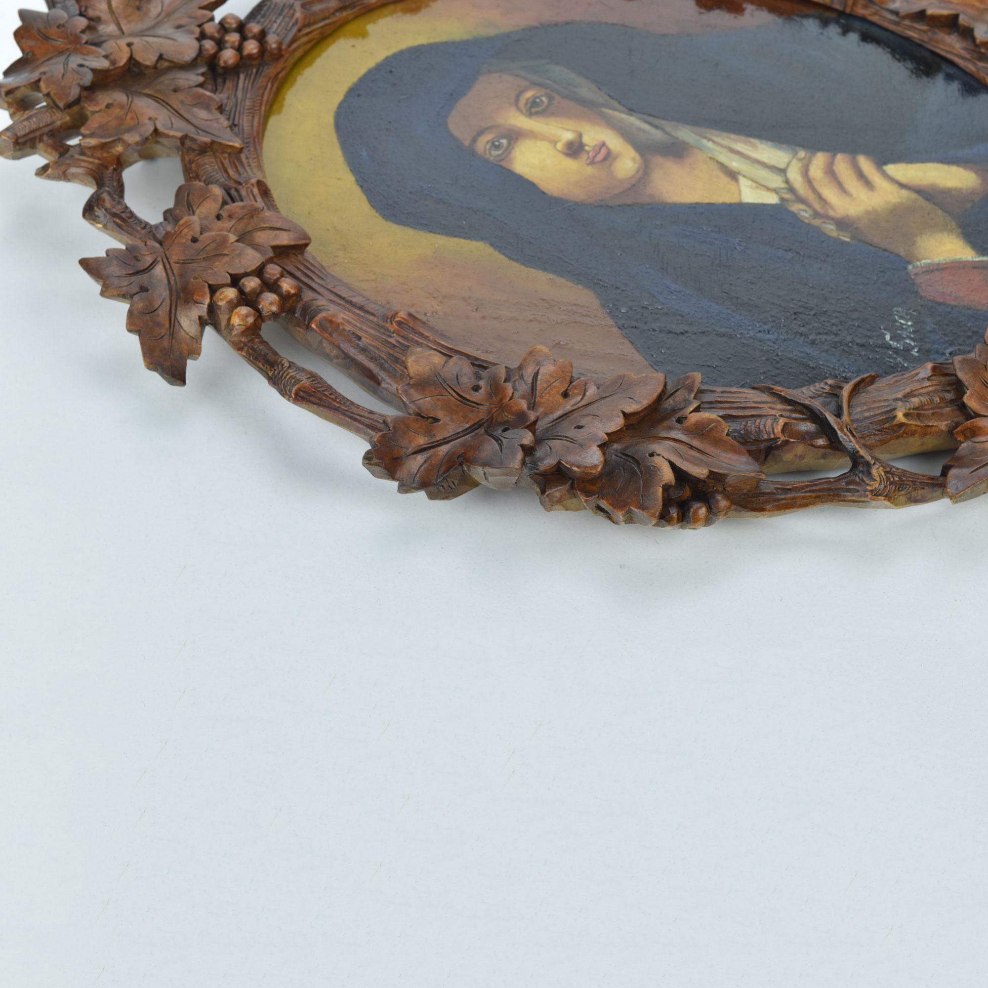Peint à la main Black Forest Carved Frame with Painting of the Holy Mother by Xavier Sager en vente