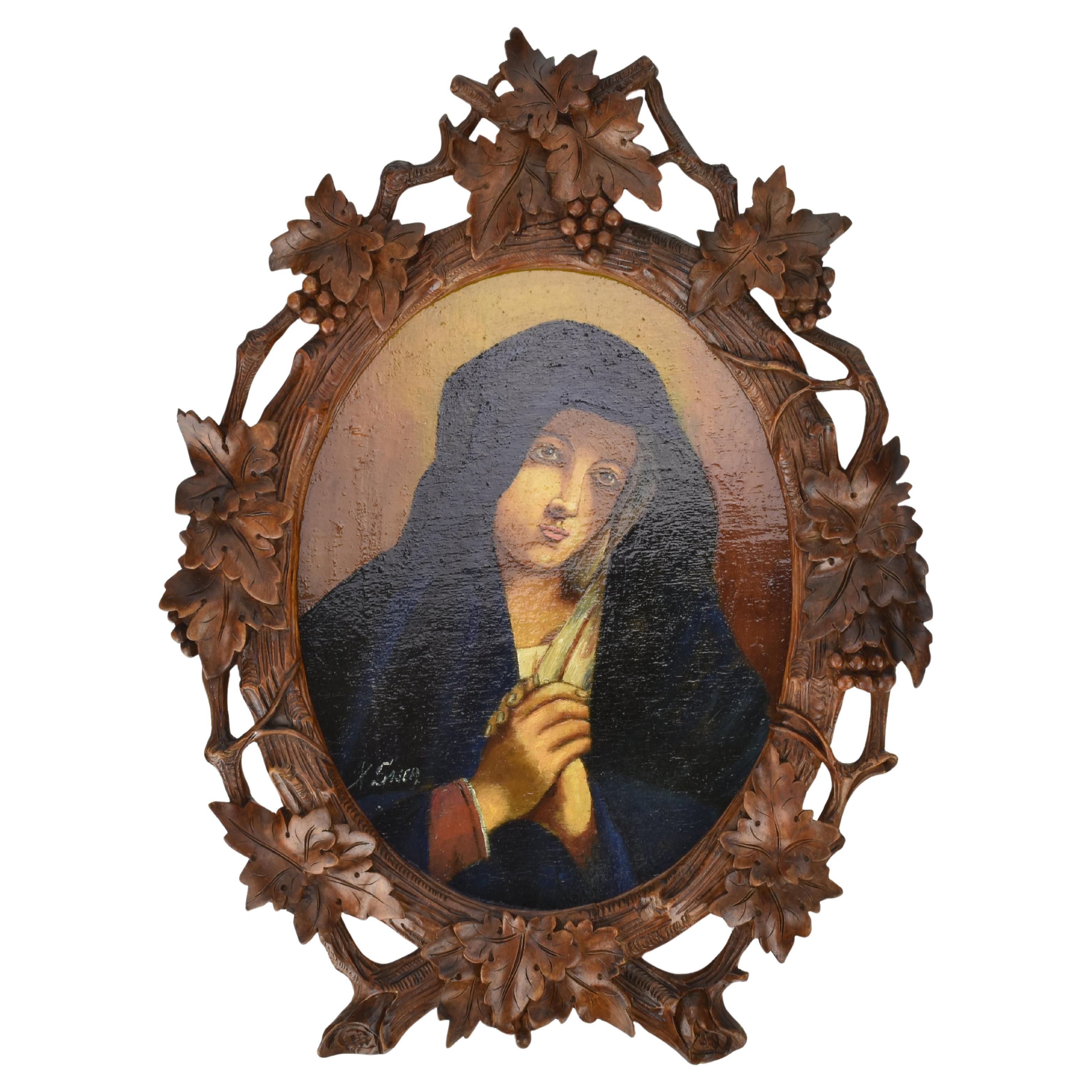 Black Forest Carved Frame with Painting of the Holy Mother by Xavier Sager en vente