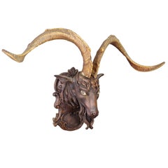 Black Forest Carved Goat Head with Large Antlers ca. 1900s