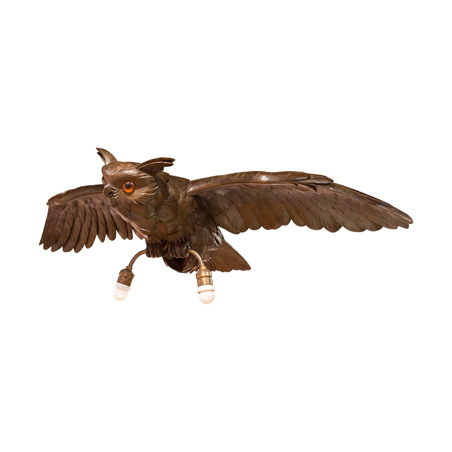 Black Forest Carved Hanging Owl Chandelier with Wing Span