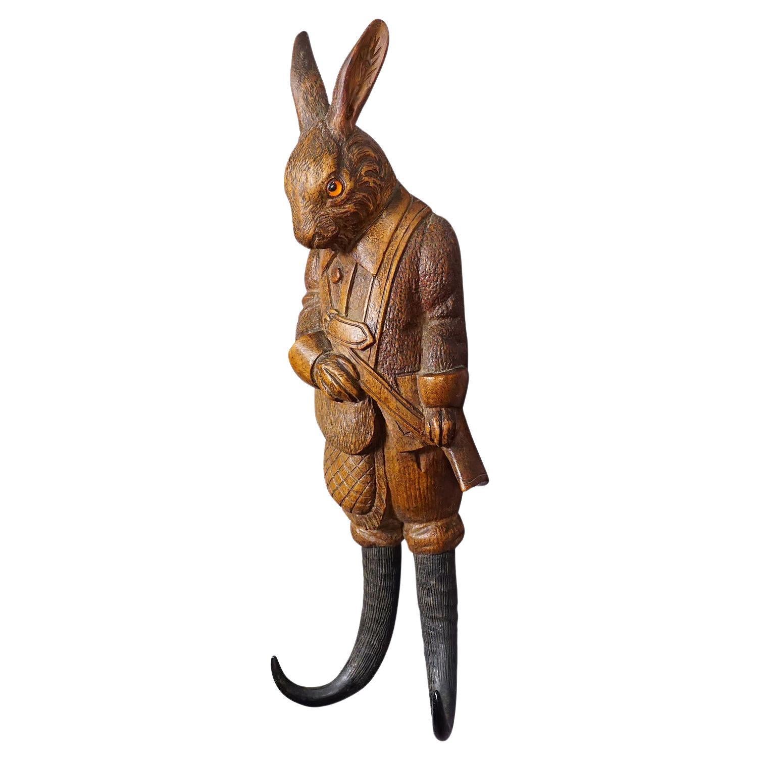Black Forest Carved Hare Whip Holder or Wall Hook ca. 1900s