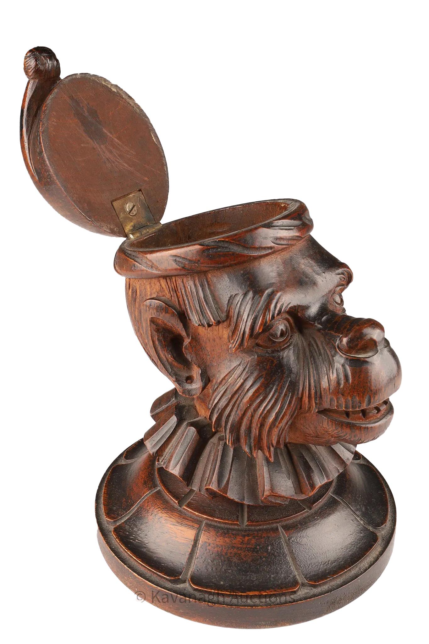 Swiss Black Forest Carved Humidor in the Form of a Monkey Head Wearing a Cap & Collar For Sale