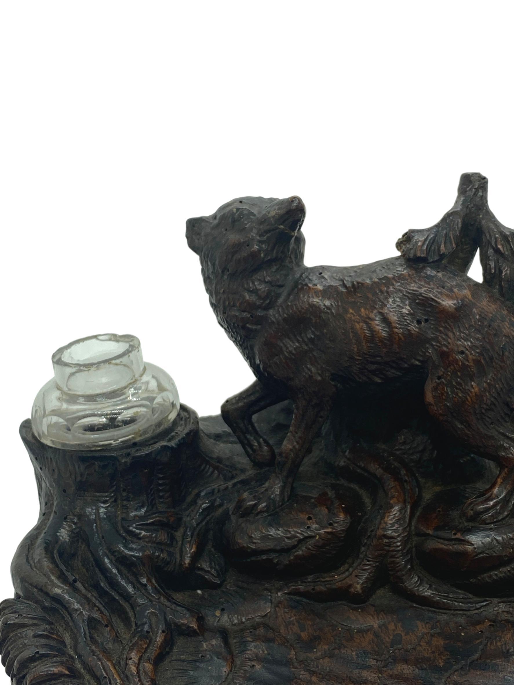 Swiss Black Forest Carved Ink Stand with Fox and Inkwells, Brienz, Switzerland c. 1880 For Sale