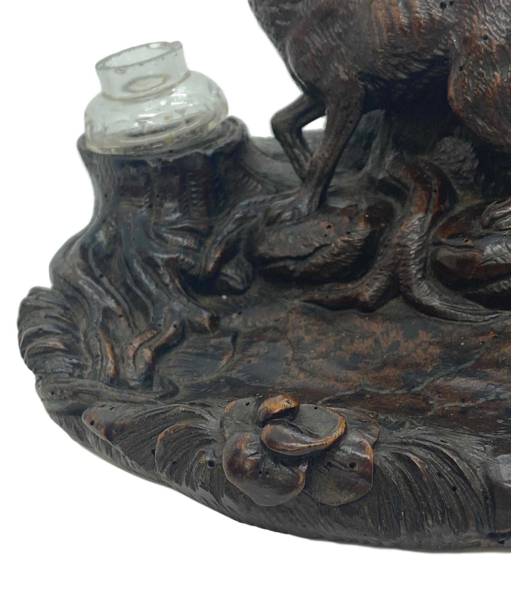 Walnut Black Forest Carved Ink Stand with Fox and Inkwells, Brienz, Switzerland c. 1880 For Sale