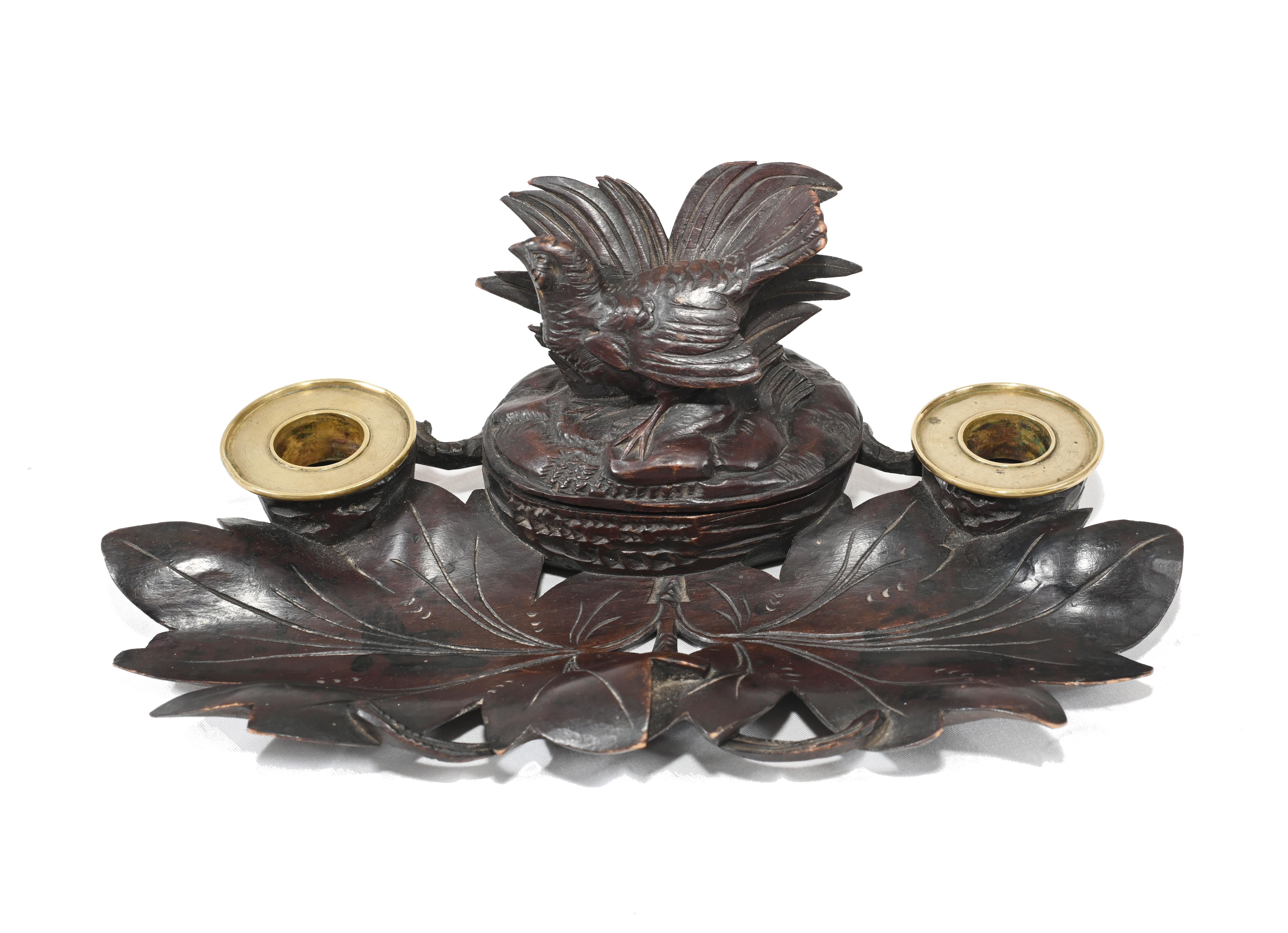 Gorgeous hand carved German black forest inkwell
Great desk accessory or as a decorative piece in it's own right
Carving is incredibly detailed from hardwood
We date this piece to circa 1880
Some of our items are in storage so please check ahead