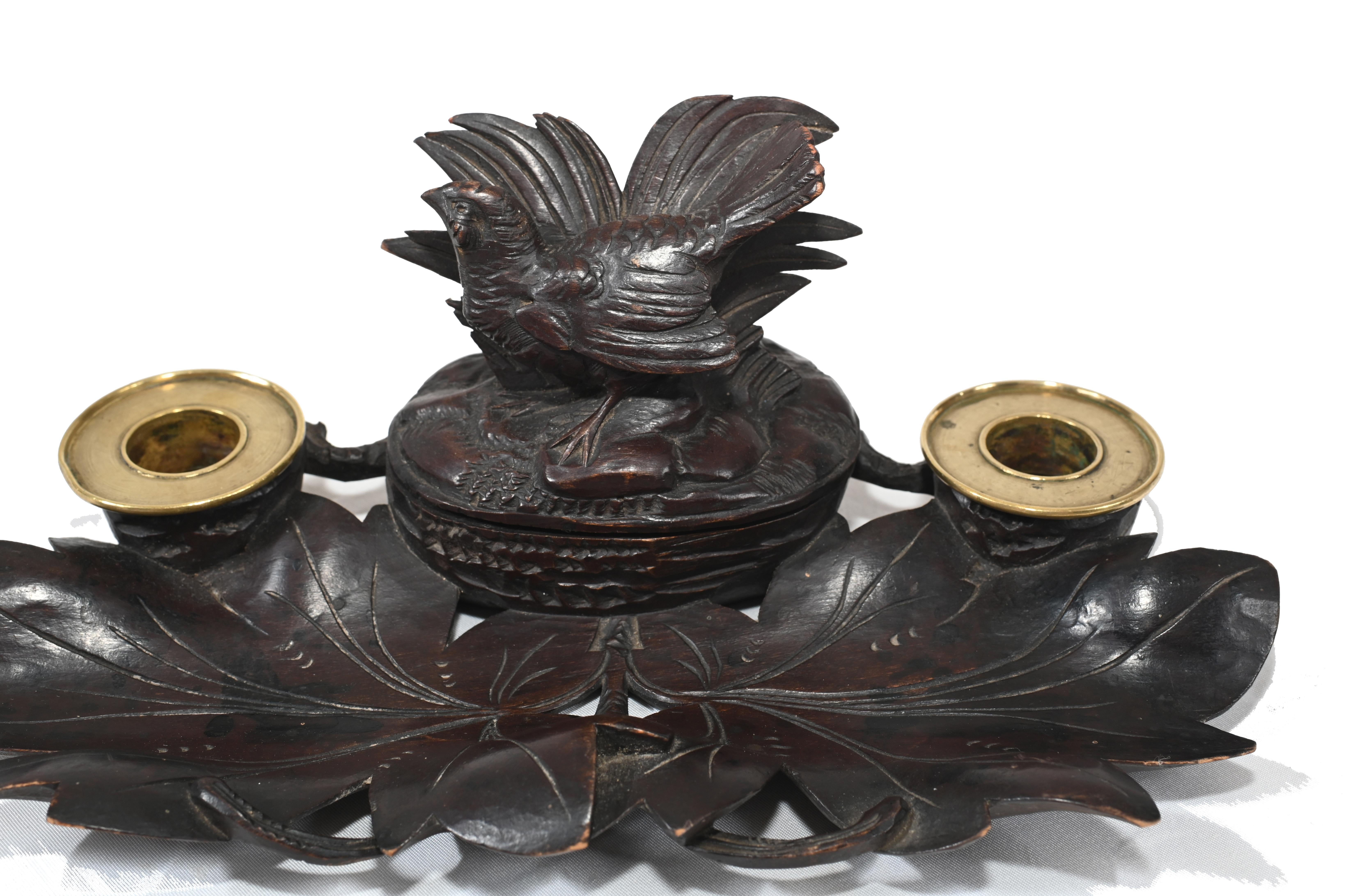 Black Forest Carved Inkwell Desk German Cuckoo Bird, 1880 In Good Condition In Potters Bar, GB