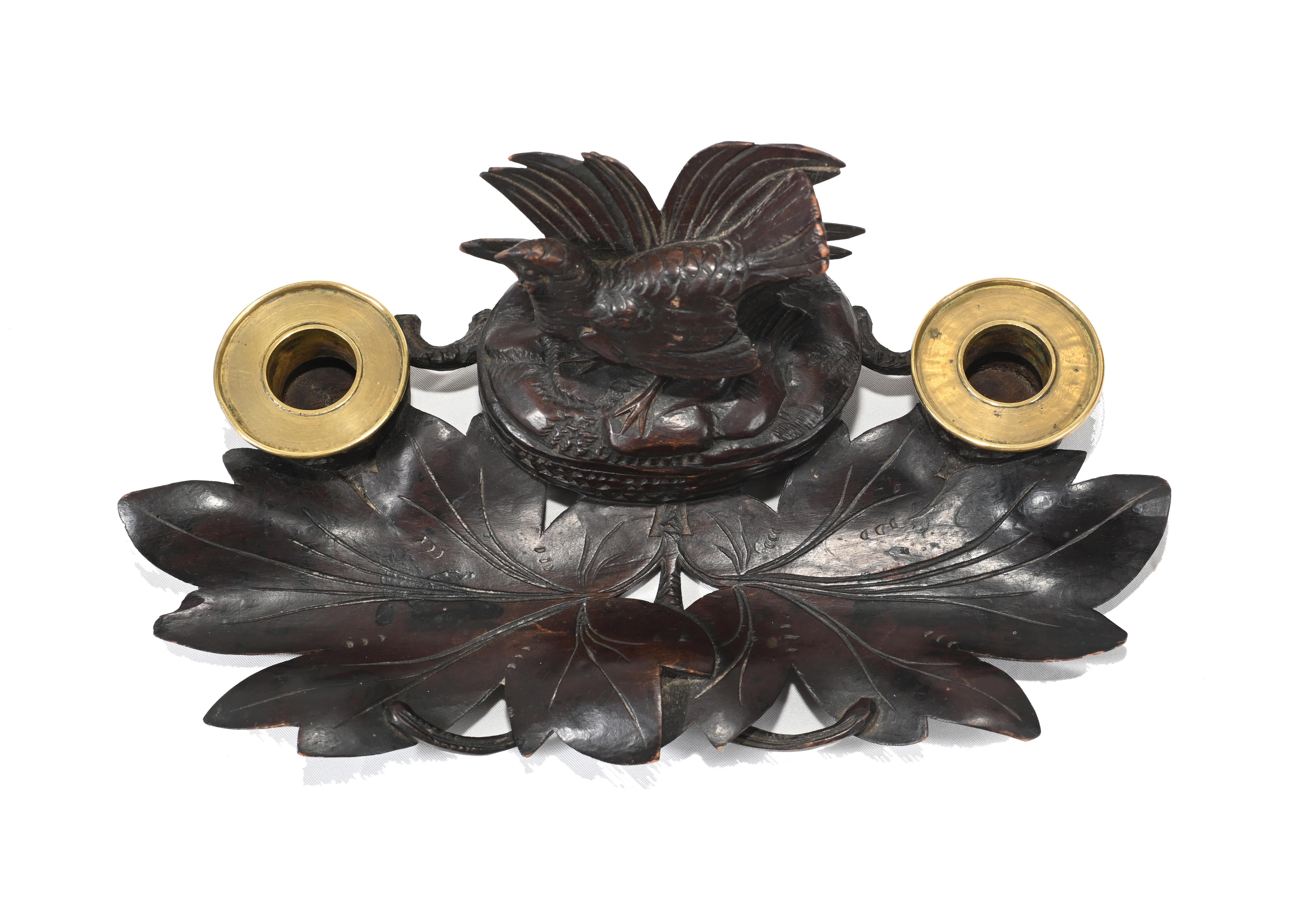 Late 19th Century Black Forest Carved Inkwell Desk German Cuckoo Bird, 1880
