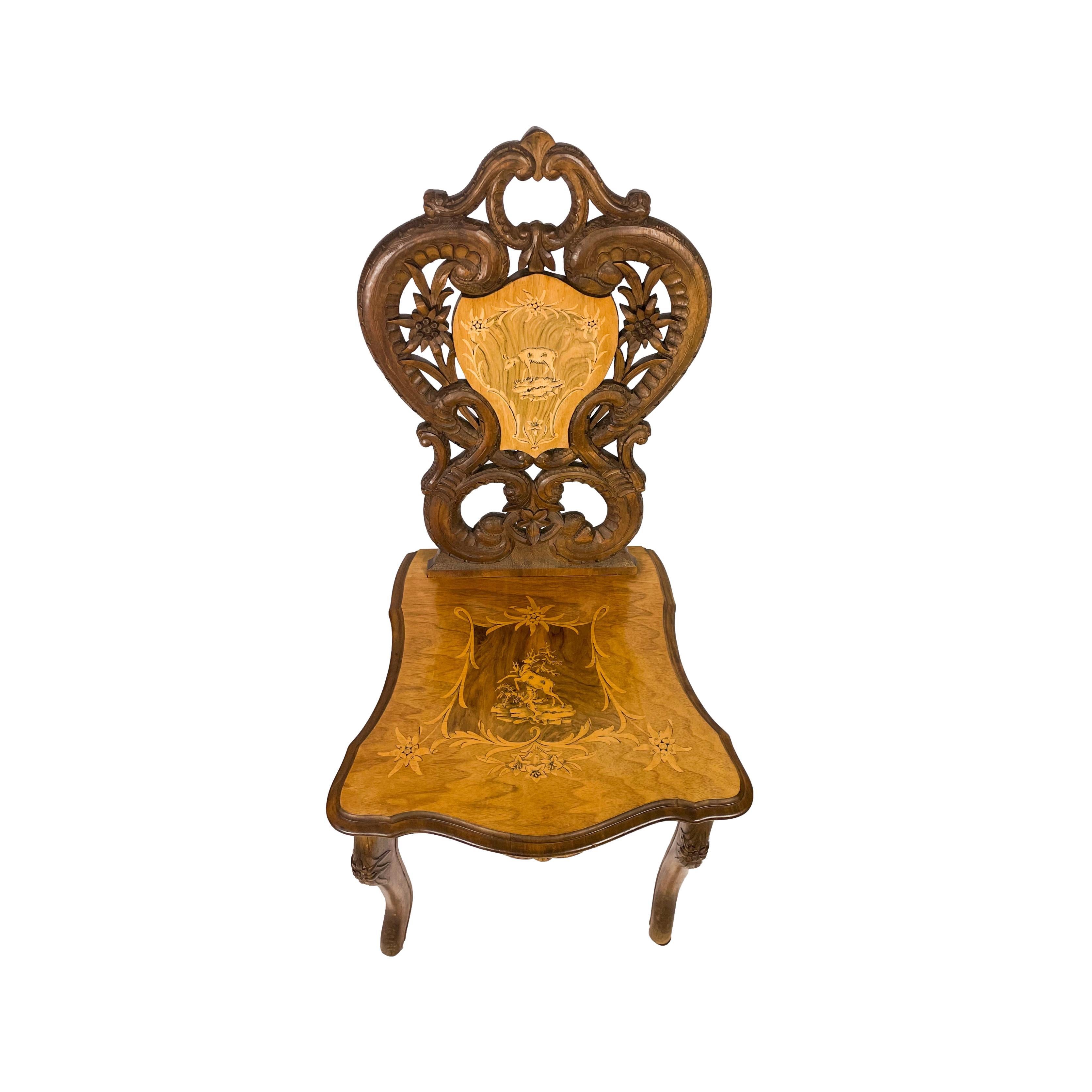 Black Forest Carved & Intricately Inlaid Musical Chair, Swiss, ca. 1900 For Sale 4