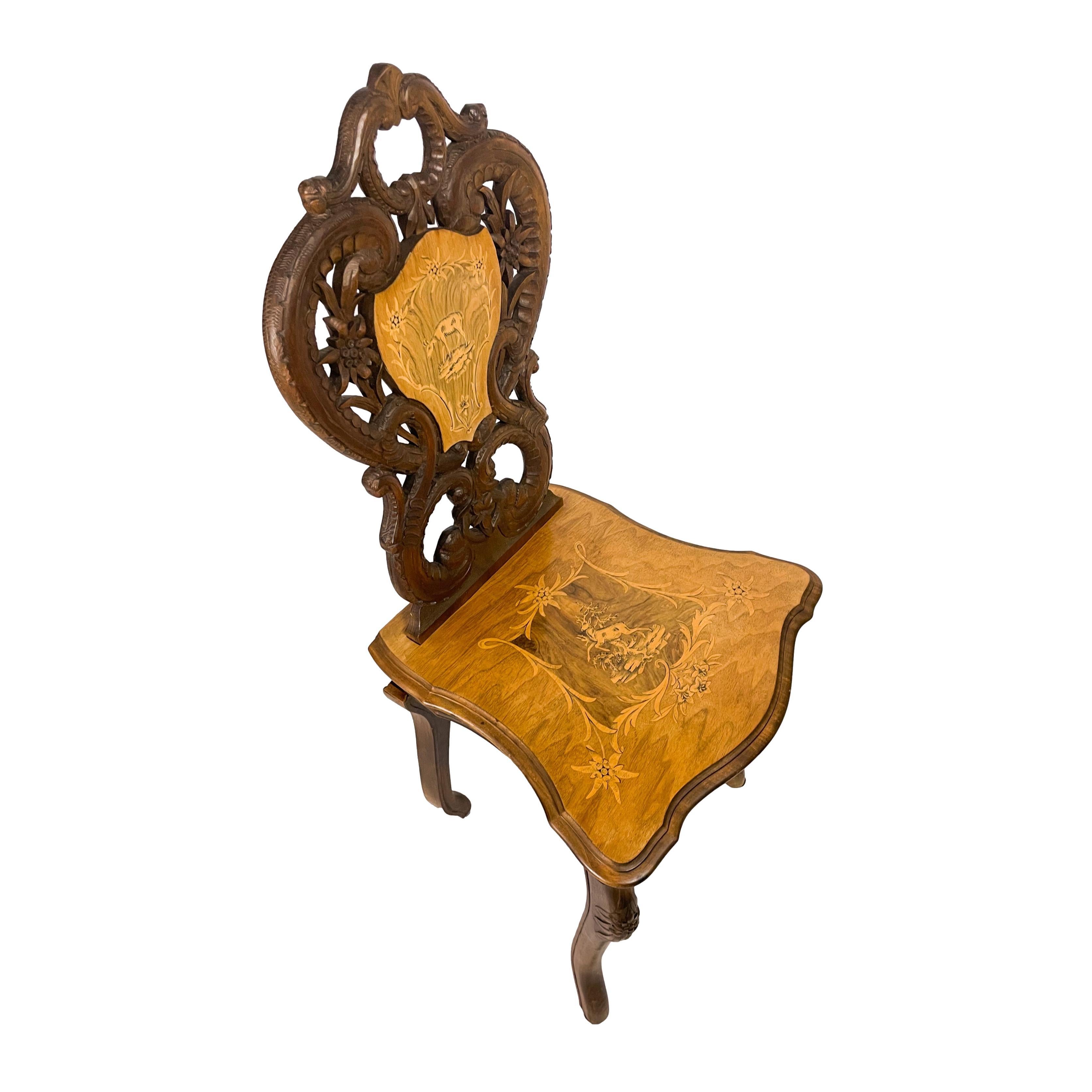 Satinwood Black Forest Carved & Intricately Inlaid Musical Chair, Swiss, ca. 1900 For Sale