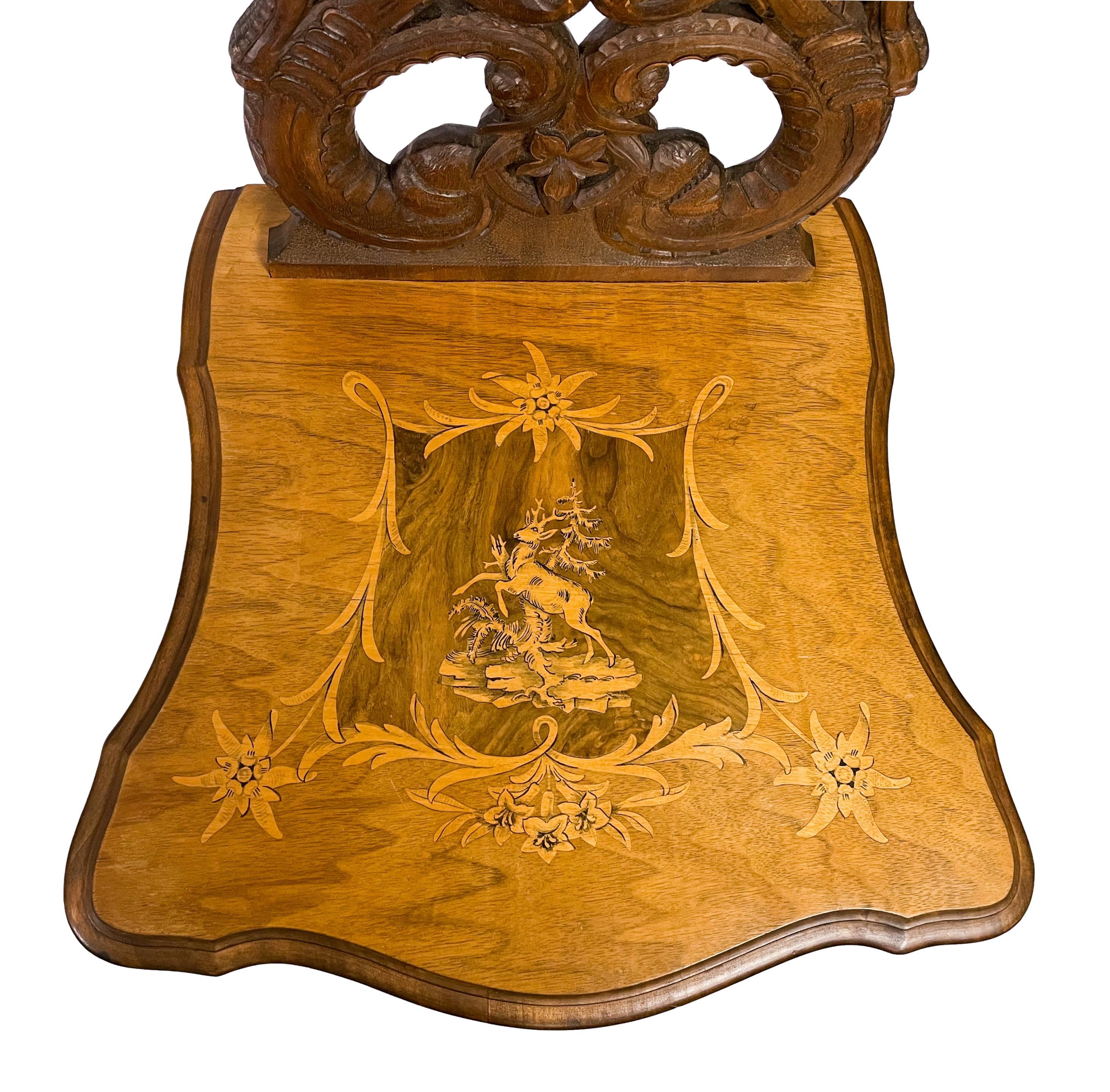 Black Forest Carved & Intricately Inlaid Musical Chair, Swiss, ca. 1900 For Sale 1