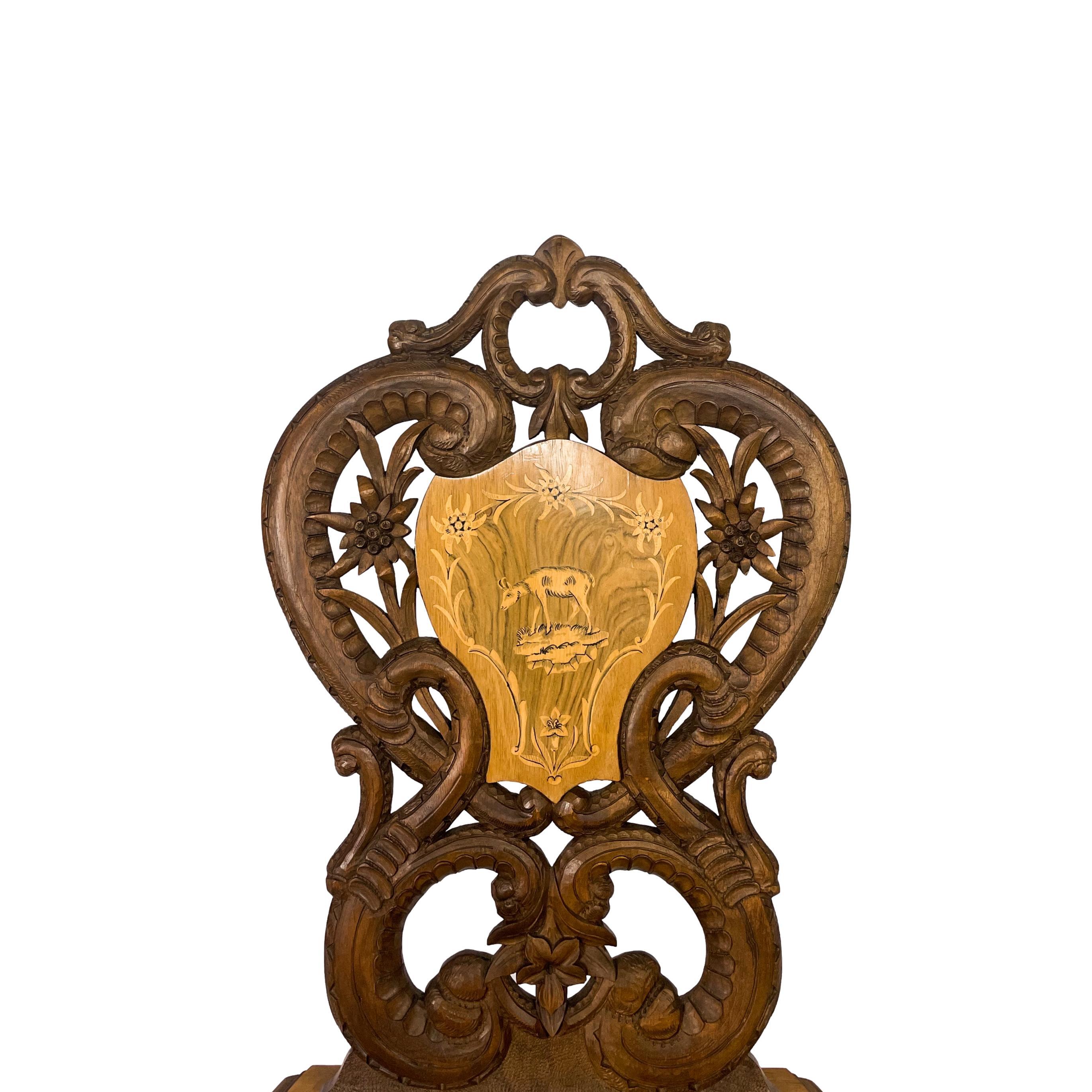Black Forest Carved & Intricately Inlaid Musical Chair, Swiss, ca. 1900 For Sale 2