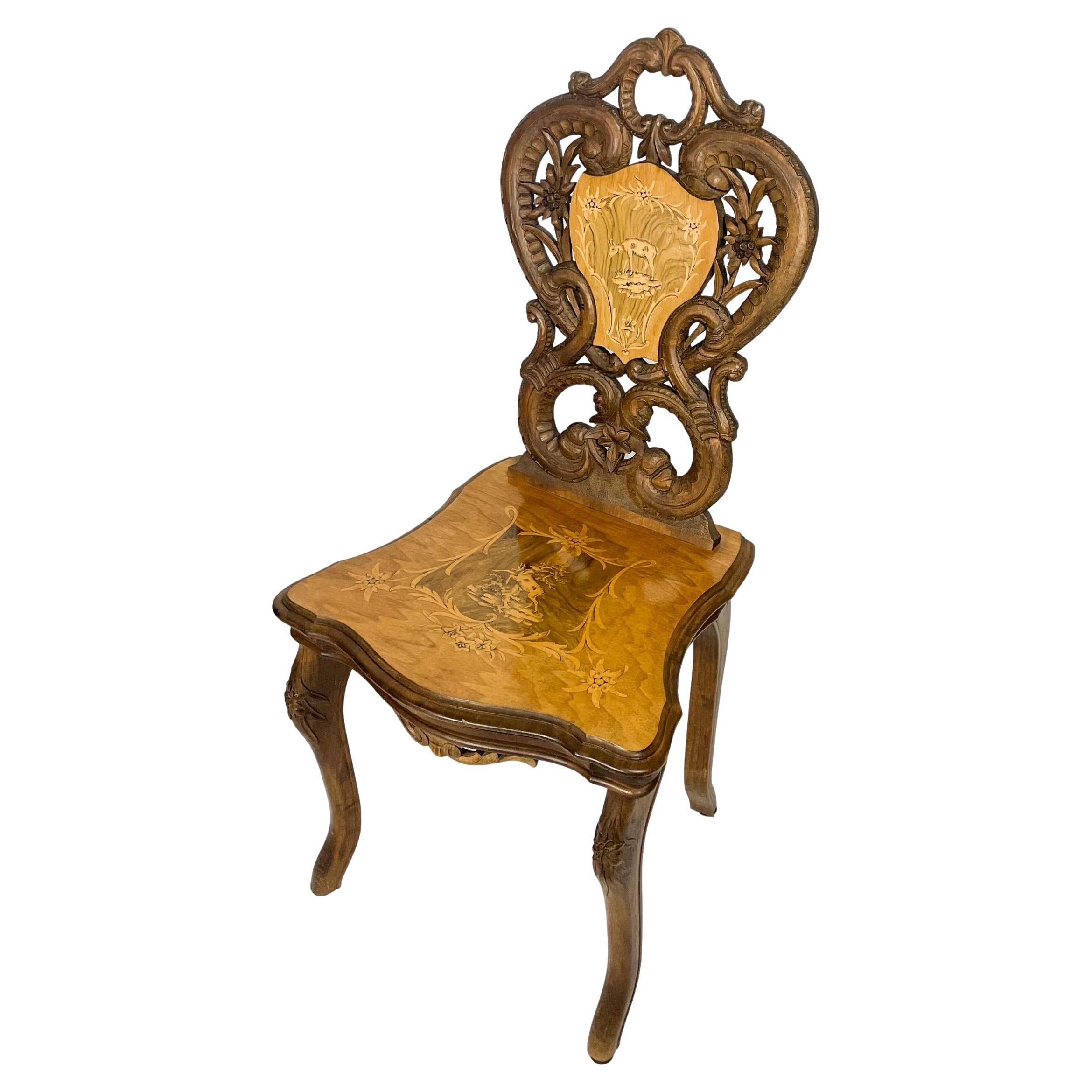 Black Forest Carved & Intricately Inlaid Musical Chair, Swiss, ca. 1900 For Sale