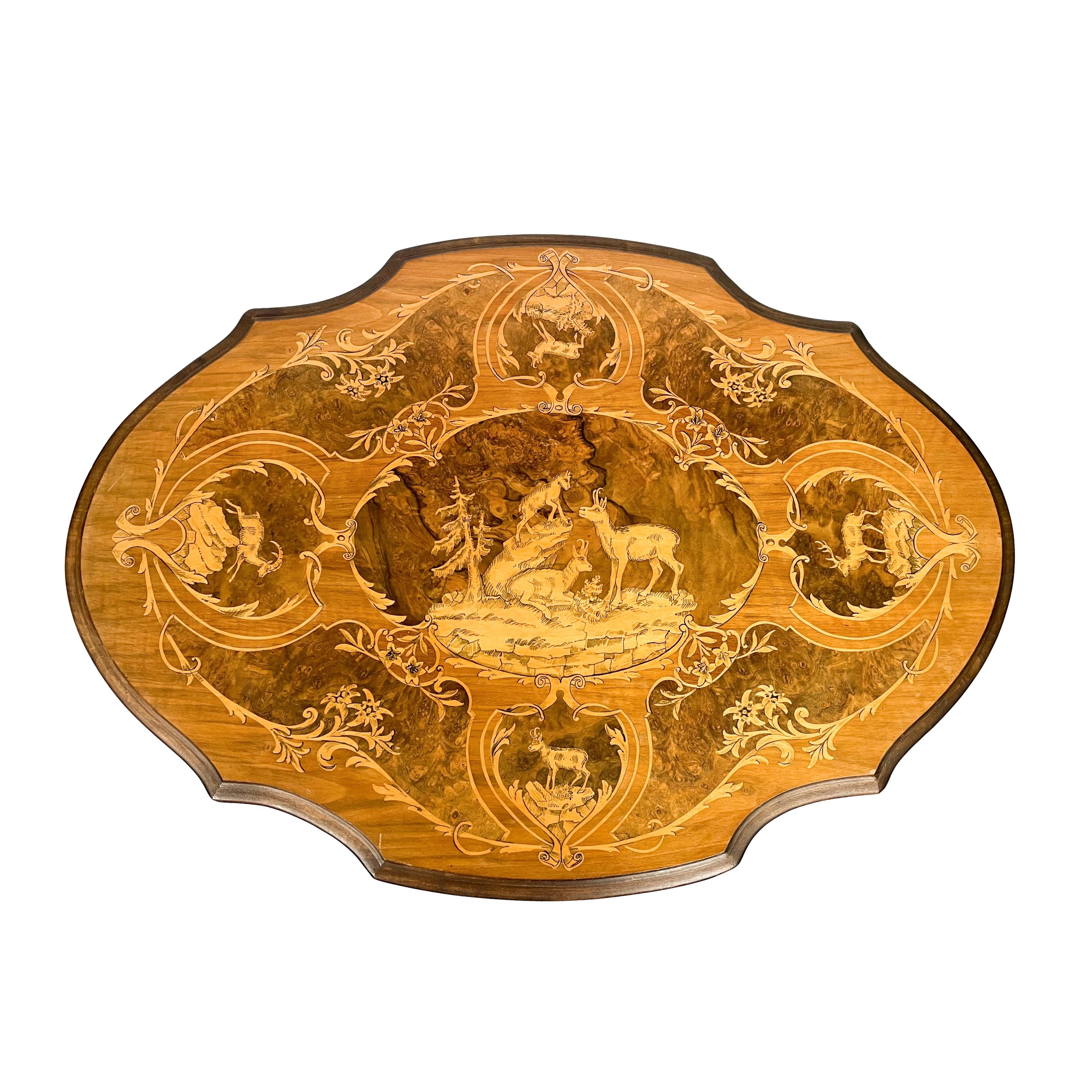 Hand-Carved Black Forest Carved & Intricately Inlaid Tilt-Top Center Table, Swiss, Ca. 1900 For Sale