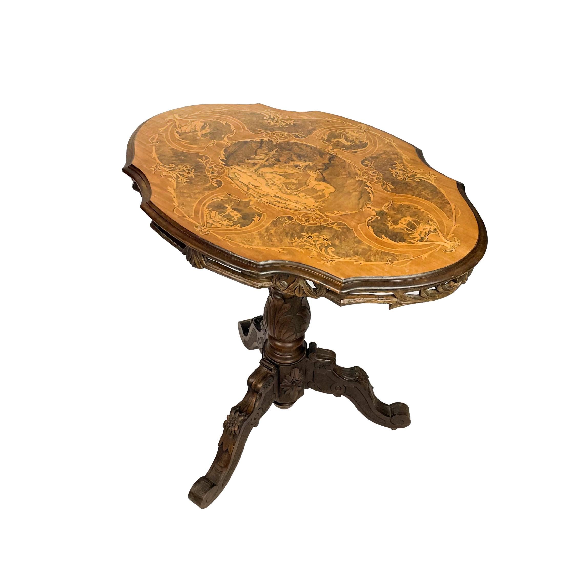 Black Forest Carved & Intricately Inlaid Tilt-Top Center Table, Swiss, Ca. 1900 In Good Condition For Sale In Banner Elk, NC