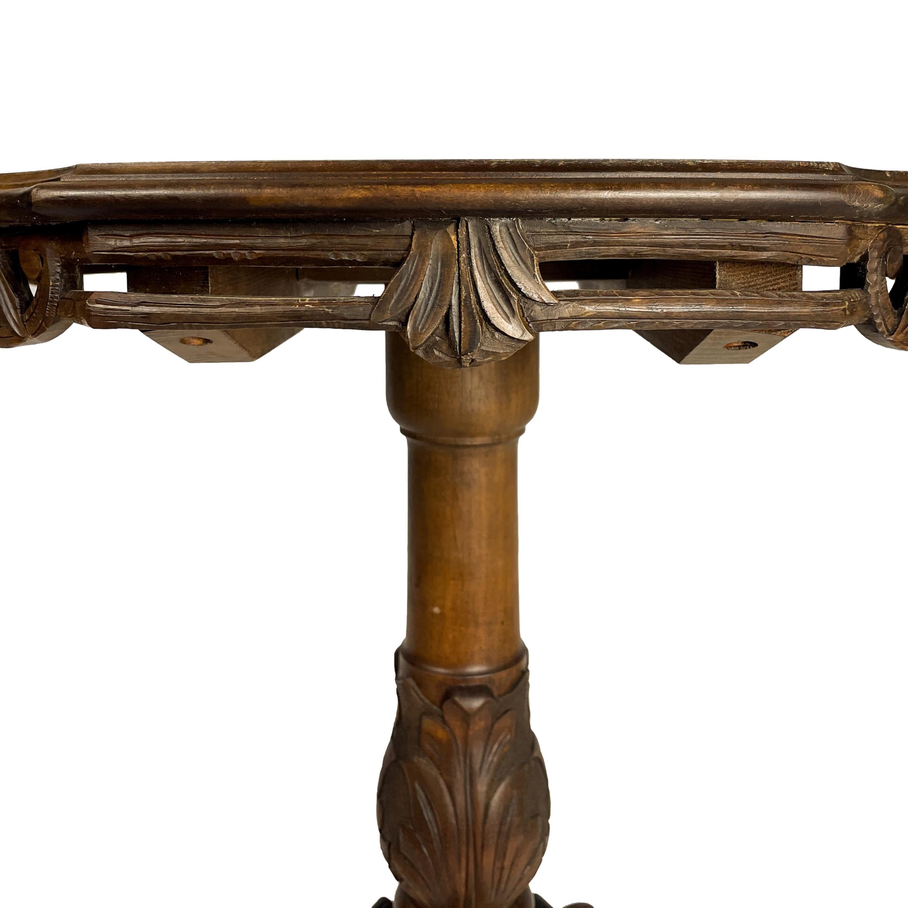 Satinwood Black Forest Carved & Intricately Inlaid Tilt-Top Center Table, Swiss, Ca. 1900 For Sale