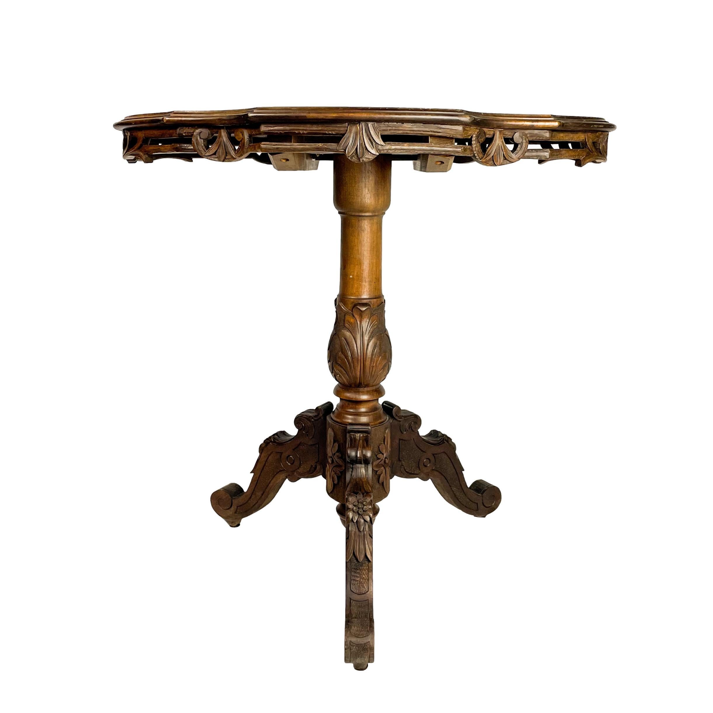 Black Forest Carved & Intricately Inlaid Tilt-Top Center Table, Swiss, Ca. 1900 For Sale 2