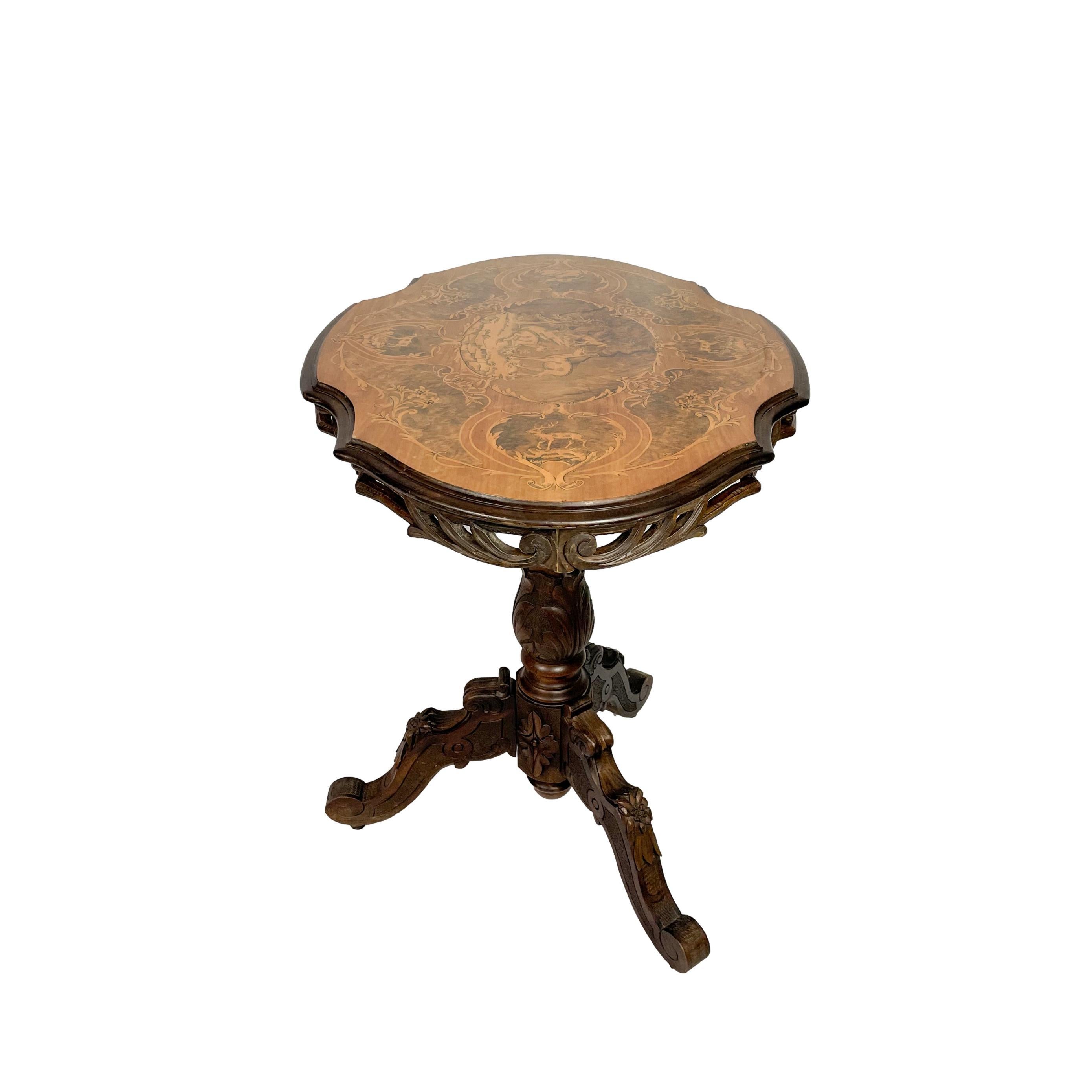 Black Forest Carved & Intricately Inlaid Tilt-Top Center Table, Swiss, Ca. 1900 For Sale 3
