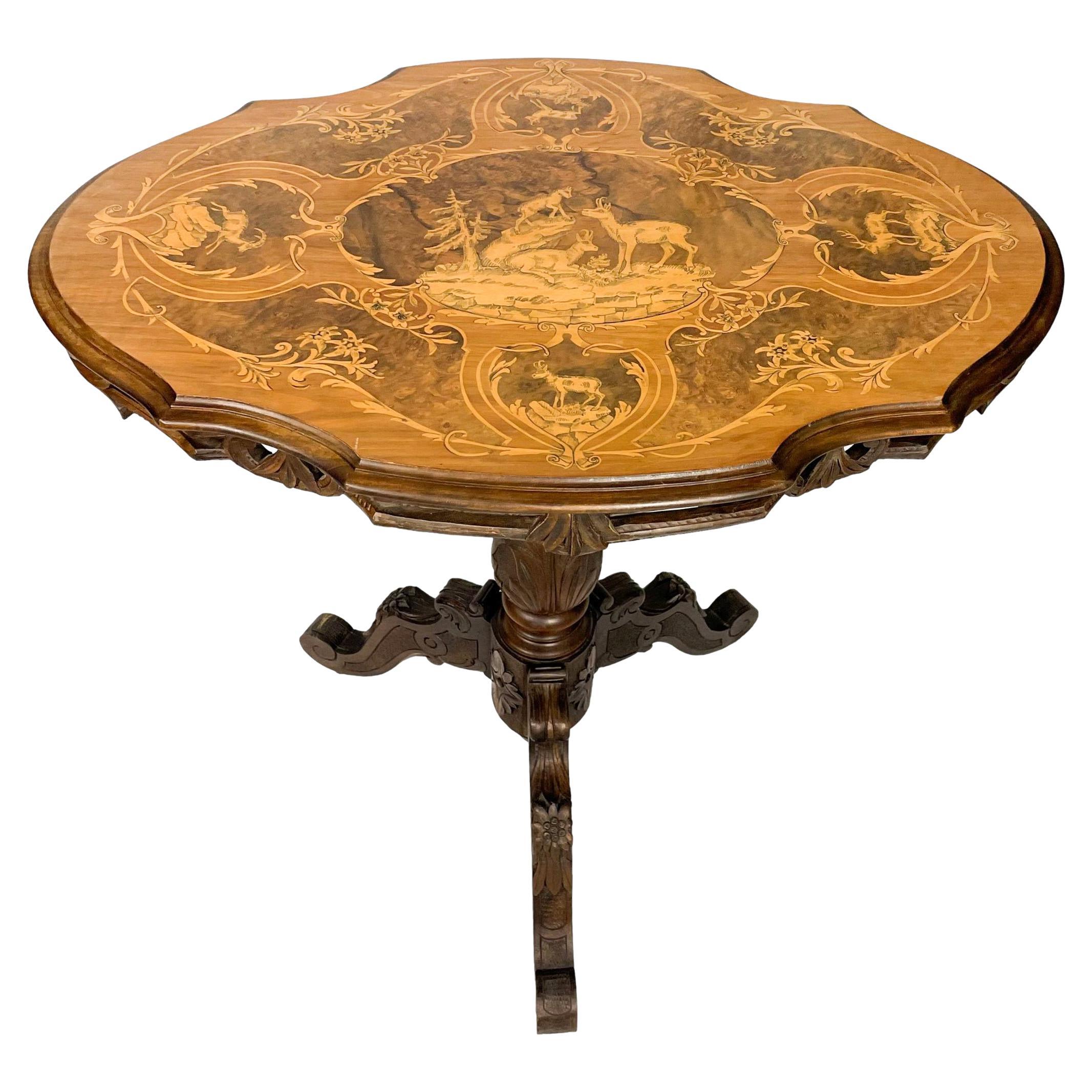 Black Forest Carved & Intricately Inlaid Tilt-Top Center Table, Swiss, Ca. 1900