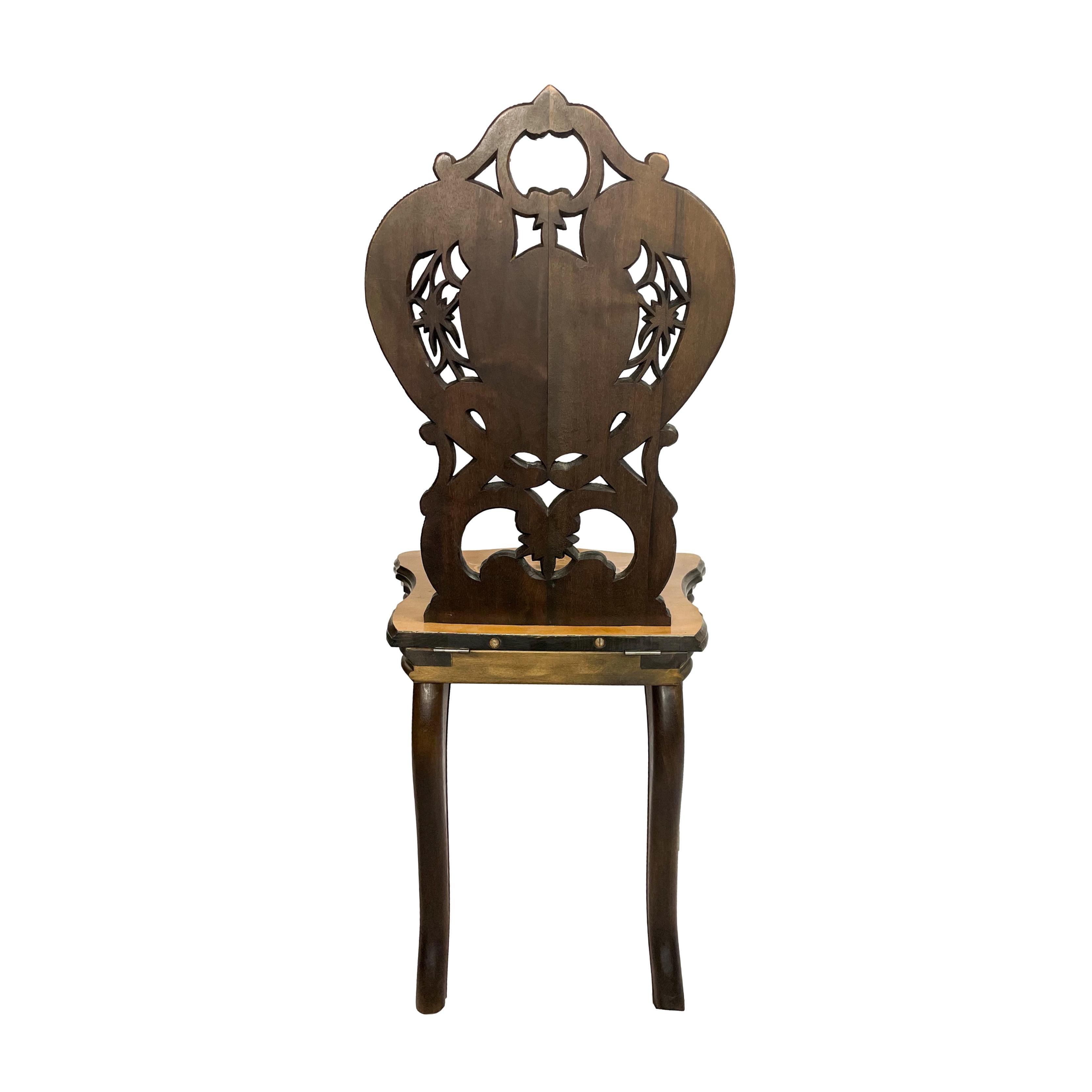 Inlay Black Forest Carved & Intricately Inlaid Walnut Musical Chair, Swiss, Ca. 1900 For Sale