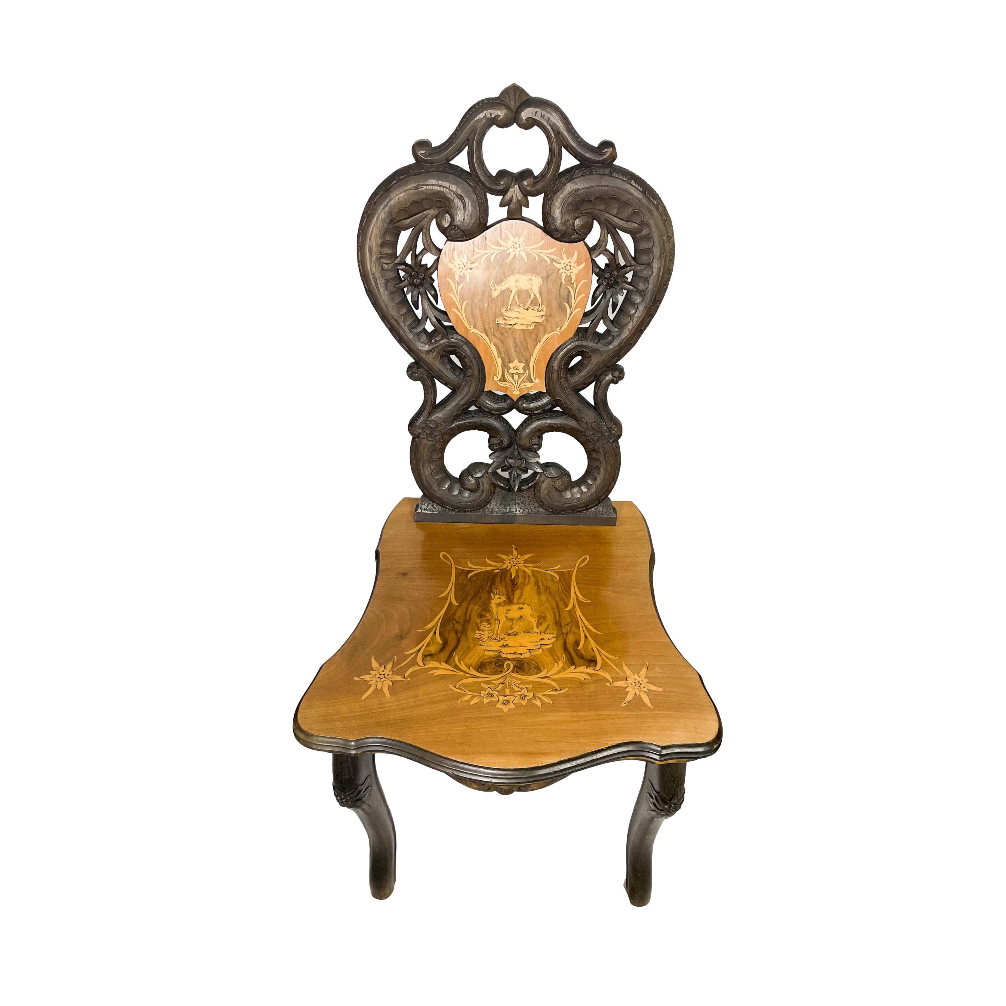 20th Century Black Forest Carved & Intricately Inlaid Walnut Musical Chair, Swiss, Ca. 1900 For Sale