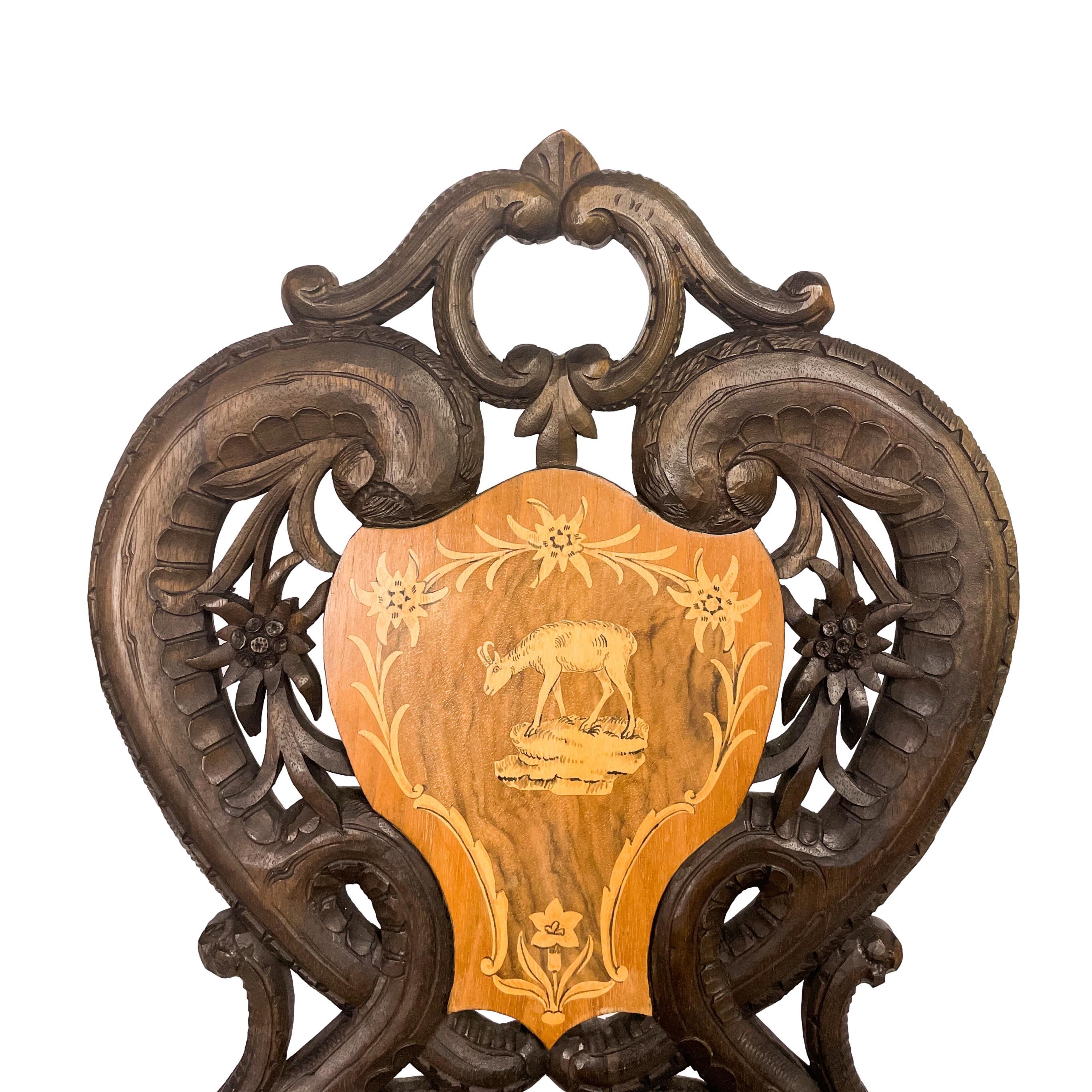 Black Forest Carved & Intricately Inlaid Walnut Musical Chair, Swiss, Ca. 1900 For Sale 1