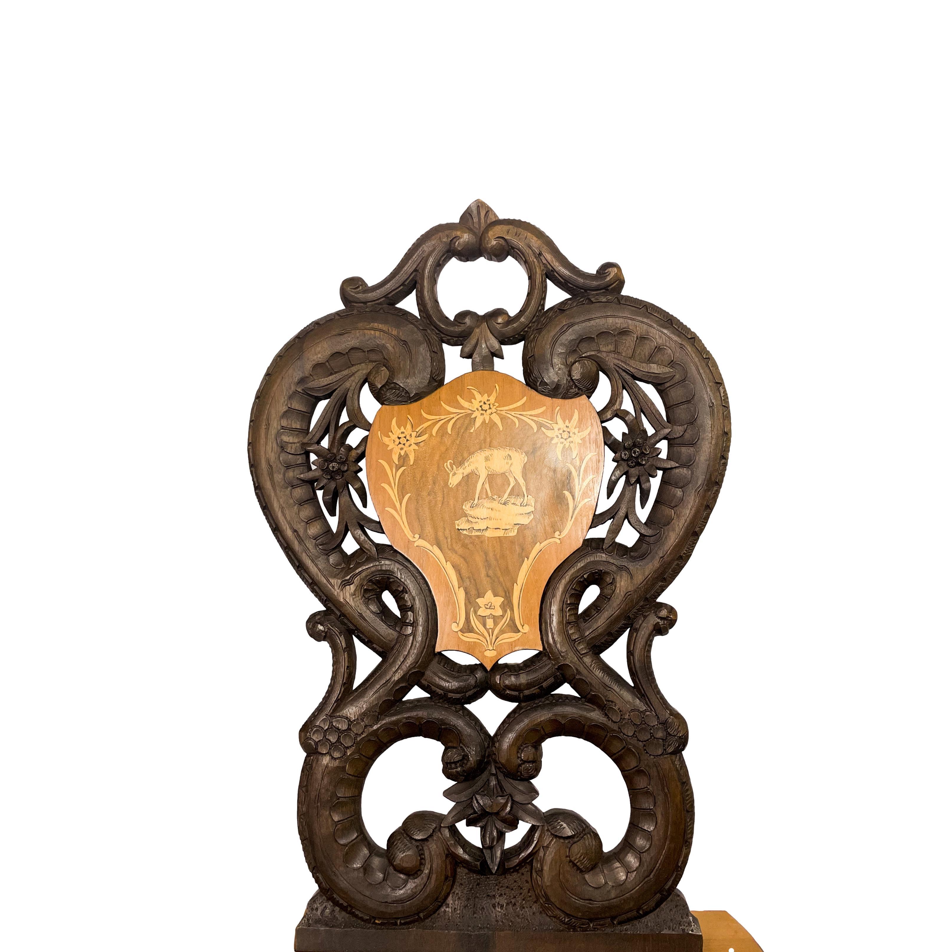 Black Forest Carved & Intricately Inlaid Walnut Musical Chair, Swiss, Ca. 1900 For Sale 2
