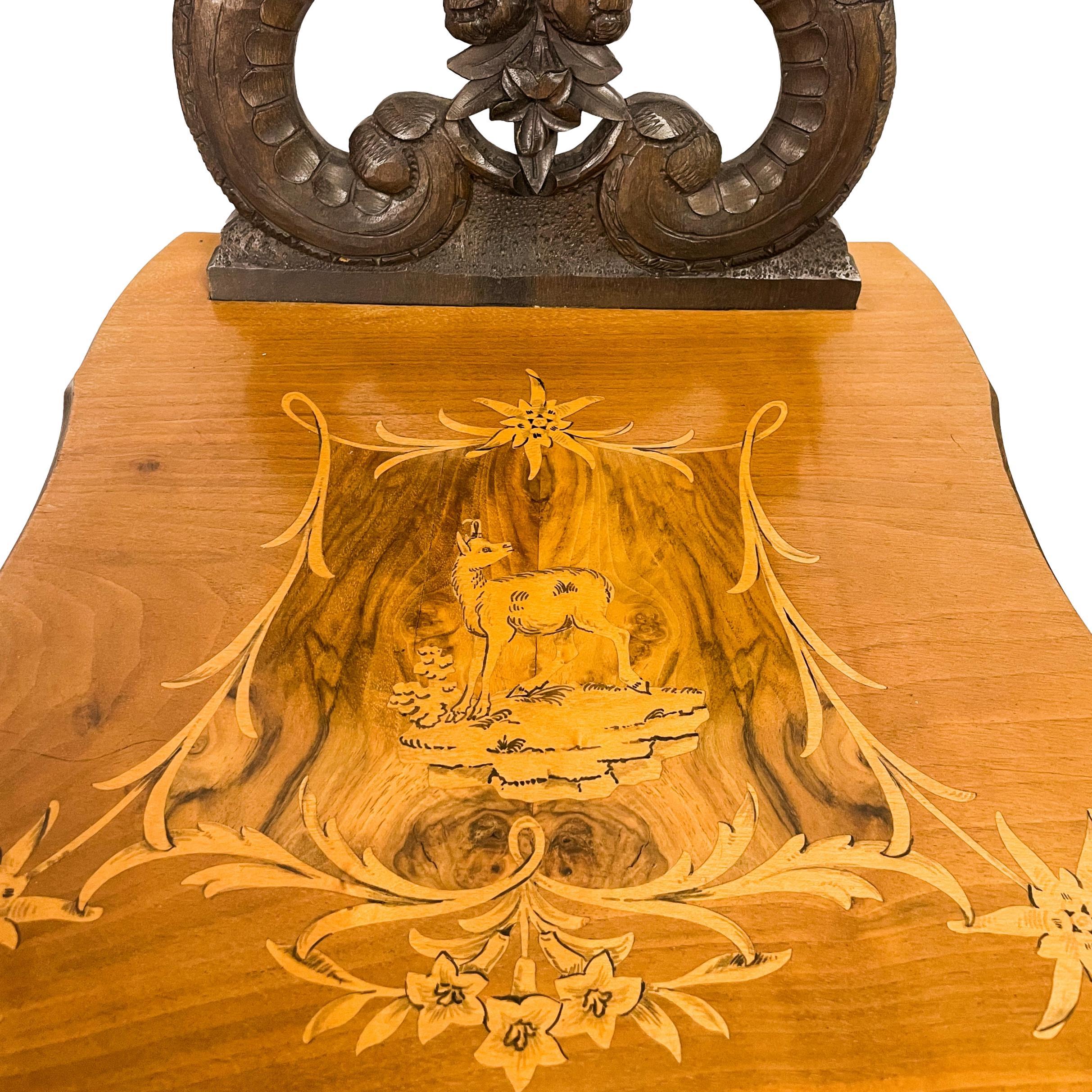 Black Forest Carved & Intricately Inlaid Walnut Musical Chair, Swiss, Ca. 1900 For Sale 3