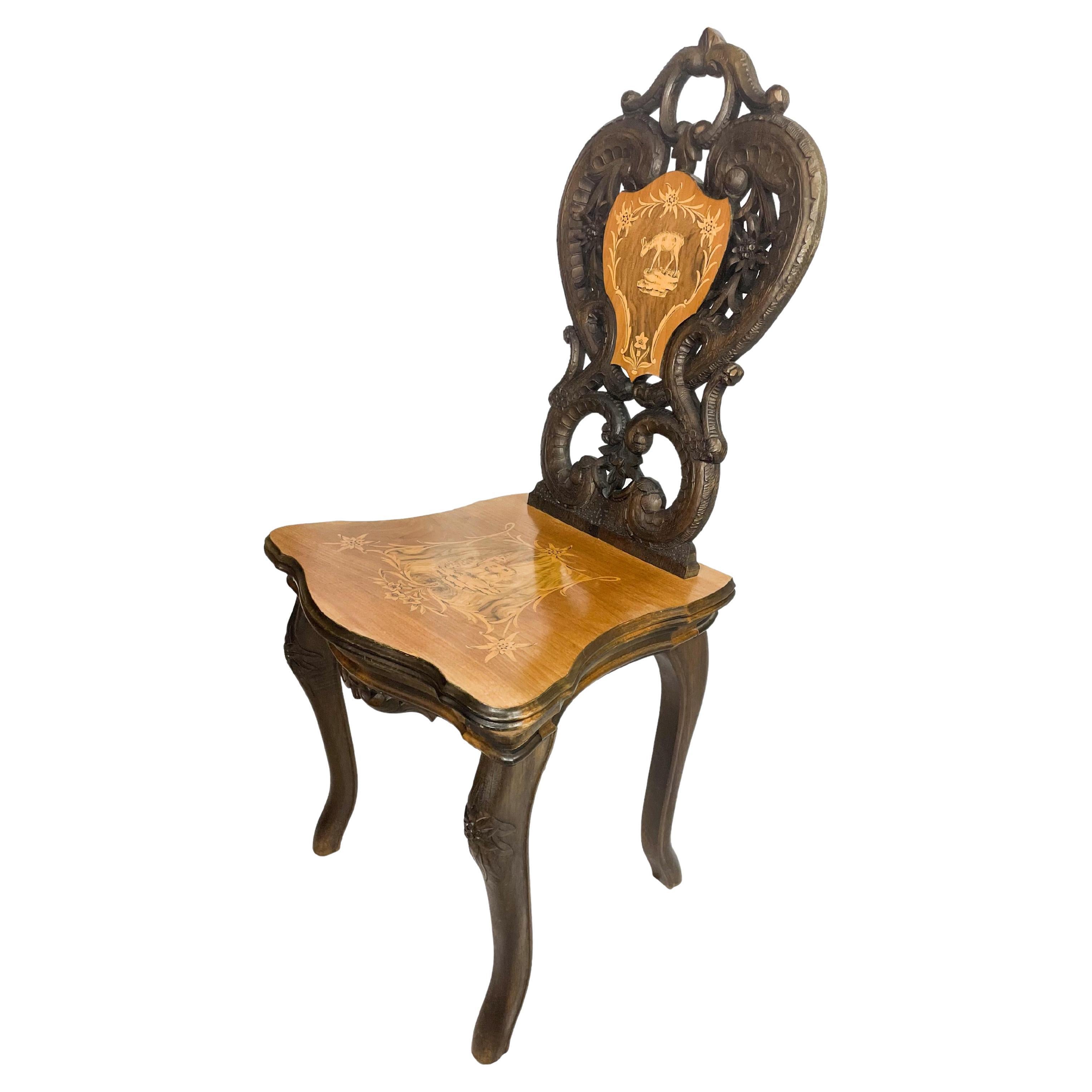 Black Forest Carved & Intricately Inlaid Walnut Musical Chair, Swiss, Ca. 1900 For Sale