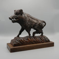 Black Forest Carved Linden Wood Figure of a Striding Wild Boar