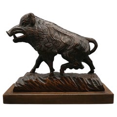 Black Forest Carved Linden Wood Figure of a Striding Wild Boar