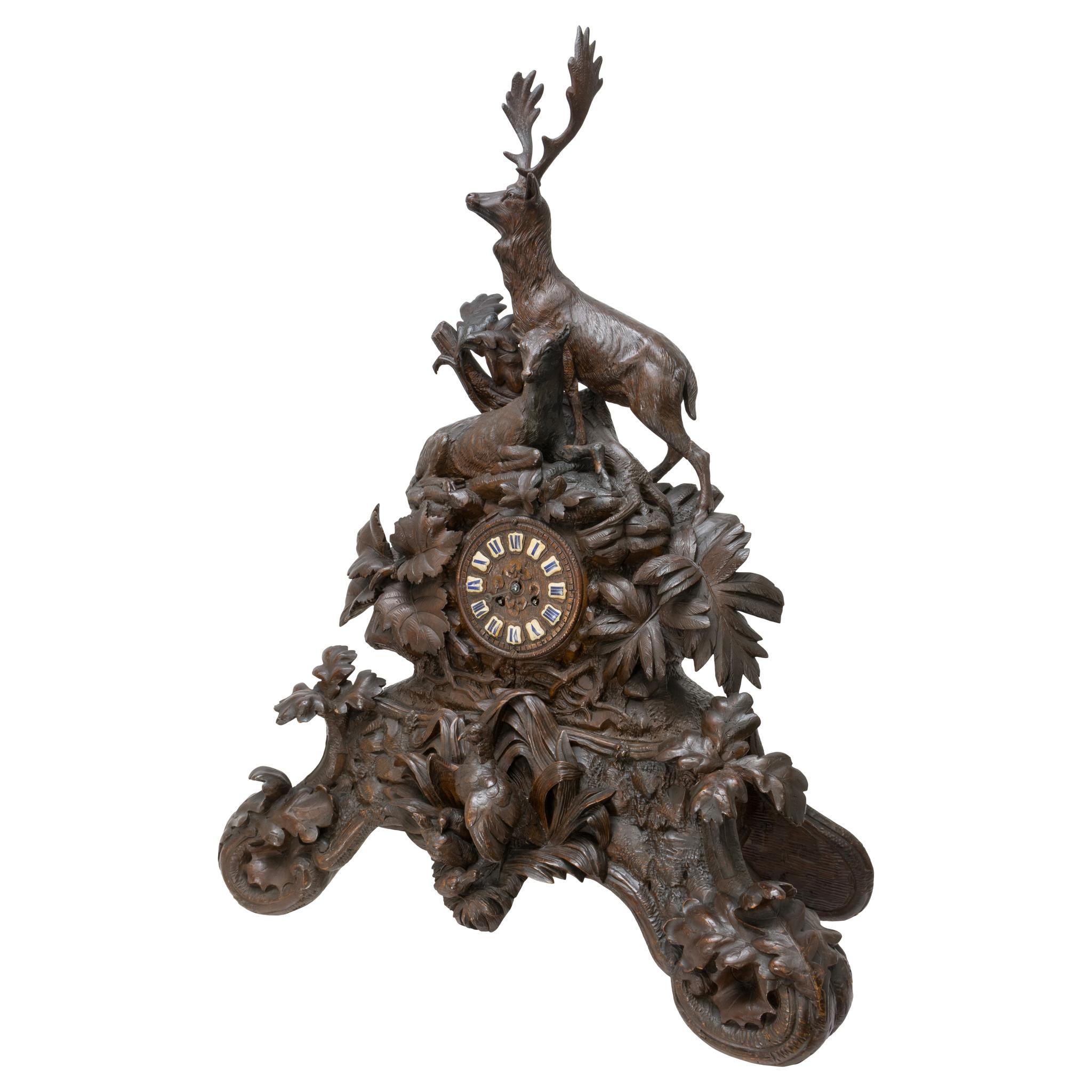Wood Black Forest Carved Mantel Game Clock For Sale