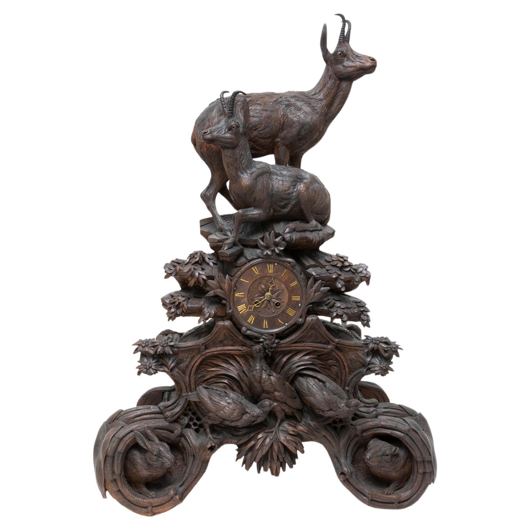 Black Forest Carved Mantle Clock For Sale