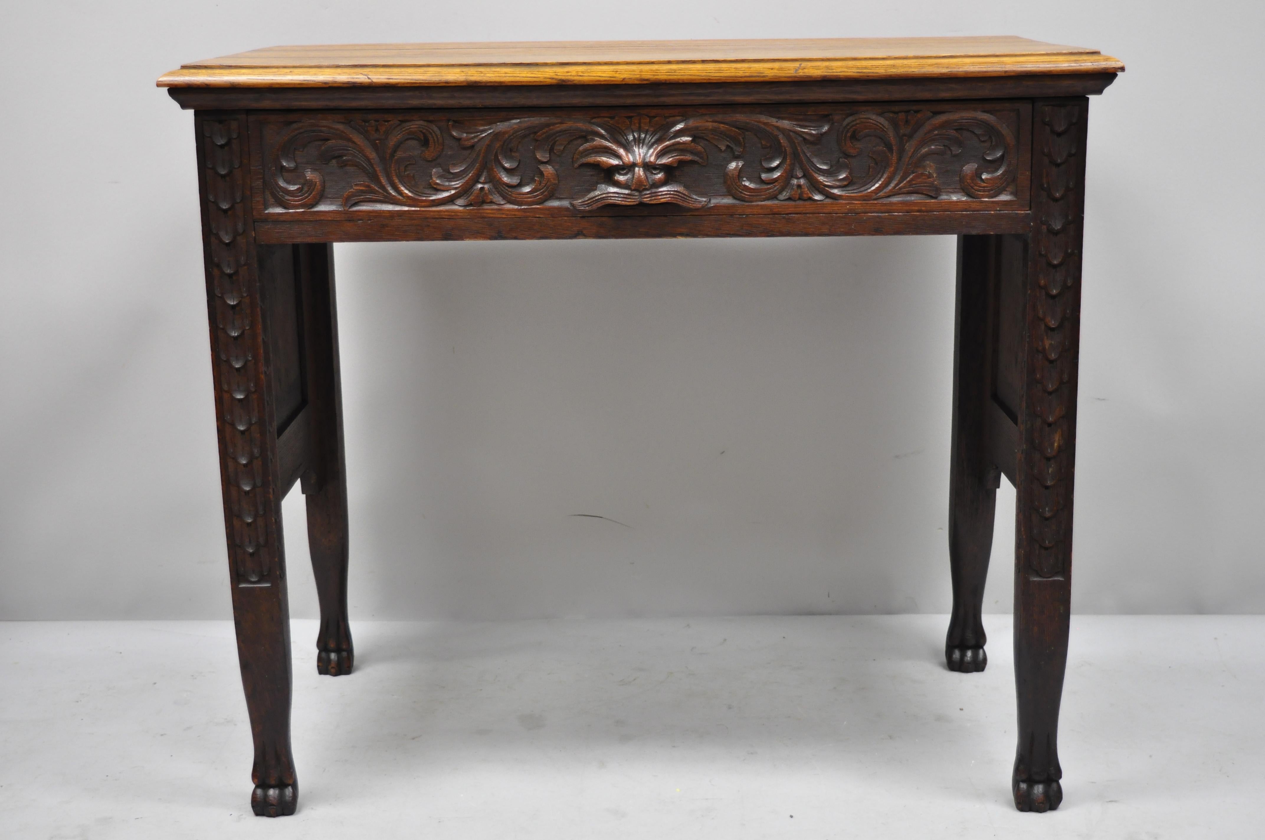 Black Forest Carved Oak Jacobean Mall Writing Desk Table with Northwind Face 4