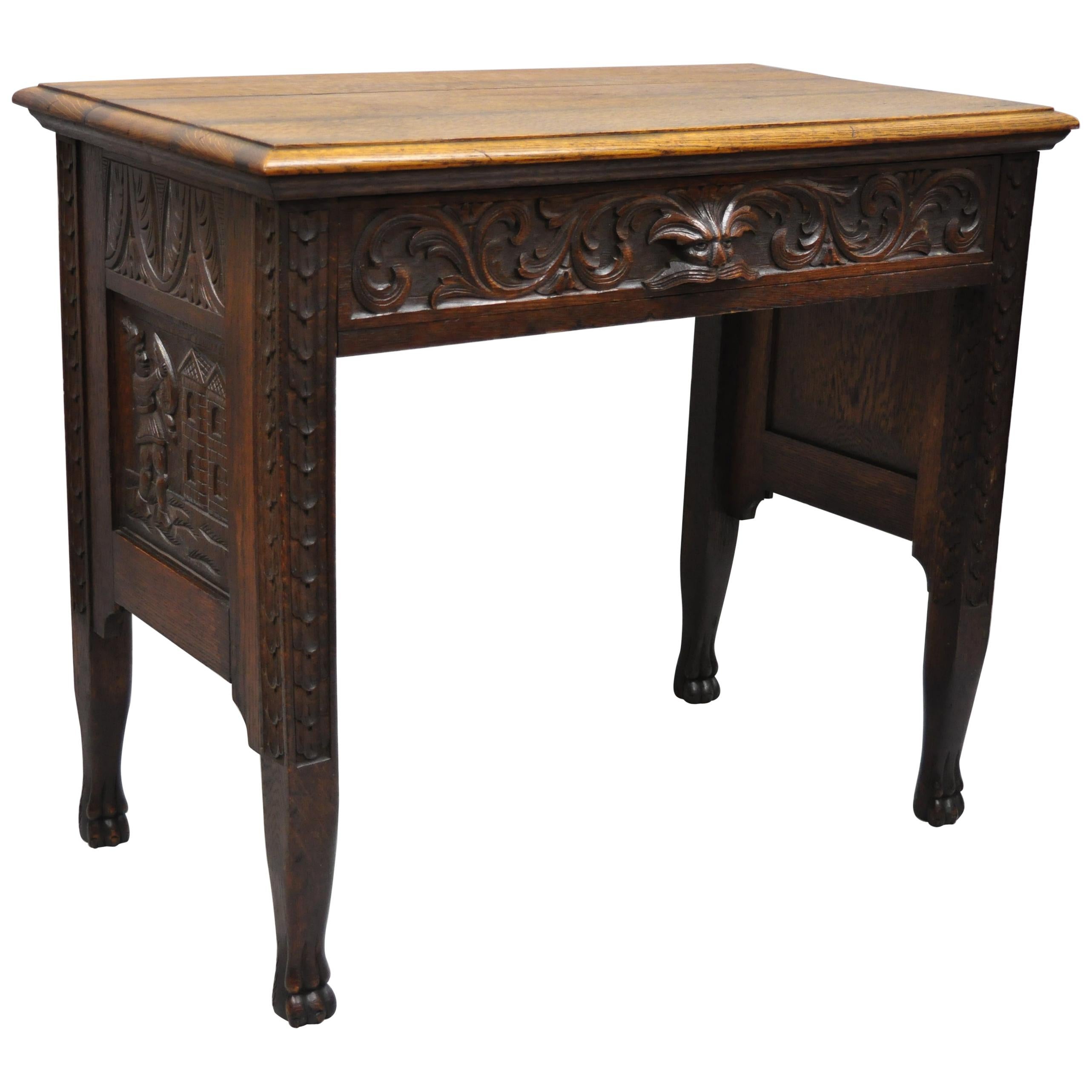 Black Forest Carved Oak Jacobean Mall Writing Desk Table with Northwind Face